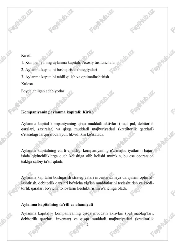jozlardan kutilayotgan pul oqimlarini tashkil qiladi. pul mablag'lari va qisqa muddatli investitsiyalar kompaniyaning likvid aktivlari bo'lib, joriy operatsion xarajatlar va qisqa muddatli majburiyatlarni qoplash uchun ishlatiladi. aylanma kapitalni boshqarishning maqsadi aylanma kapitalni boshqarishning asosiy maqsadi - qisqa muddatli aktivlar va majburiyatlarni optimallashtirish orqali pul mablag'lari oqimini yaxshilash, likvidlikni saqlash va xarajatlarni minimallashtirishdir. aylanma kapitalni samarali boshqarish, aylanma mablag'lar aylanishini tezlashtirish va debitorlik qarzlari yig'ilish muddatini qisqartirish orqali kompaniyaning rentabelligini oshirishga yordam beradi. ishonchli aylanma kapitalni boshqarish, moliyaviy barqarorlikni ta'minlash va kredit reytingini yaxshilash orqali kompaniyaning qarz olish imkoniyatlarini kengaytirish va investitsion jalb qilishni osonlashtirishga qaratilgan. aylanma kapital siyosati aylanma kapital siyosati aktivlarning likvidliligini va majburiyatlarni qoplash muddatlarini muvofiqlashtirishga qaratilgan. masalan, 2:1 joriy koeffitsient korxonaning qisqa muddatli majburiyatlarni qoplay olishini ko'rsatadi. aggressiv aylanma kapital siyosati, yuqori foyda olish uchun past likvidlilikni qabul qiladi. masalan, zaxira kunlarini 15 kunga qisqartirish orqali pul mablag'lari erkinlashtiriladi, lekin xavf ortadi. konservativ aylanma kapital siyosati likvidlilikni …