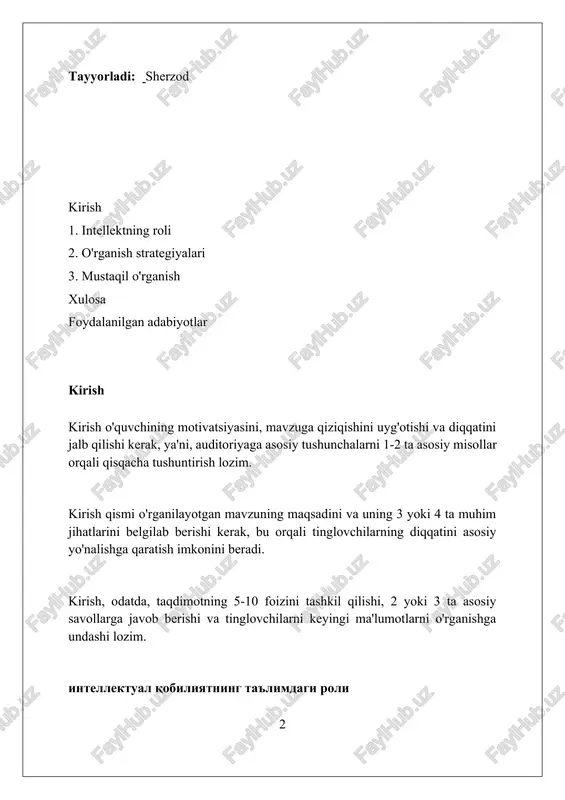 iroq echishga yordam beradi. o'qish strategiyalarini tanlash o'qish strategiyalarini tanlashda talabalar individual xususiyatlarini, masalan, o'qish tezligini va xotira turlarini (vizual, audial, kinestetik) hisobga olishi kerak. mavzuning murakkabligi va hajmiga qarab strategiya tanlash zarur. masalan, oson mavzular uchun tez o'qish, murakkablari uchun esa chuqur tahlil talab etiladi. o'qish maqsadini aniq belgilash muhim. imtihonga tayyorlanish uchun boshqacha, ma'lumot olish uchun esa boshqacha strategiya, masalan, sq3r usulidan foydalanish mumkin. mustaqil o'qishning ahamiyati mustaqil o'qish, 70%gacha bilim olish imkonini beradi, chunki bu jarayonda talaba faol ishtirok etib, materialni o'zlashtirish darajasini shaxsan nazorat qiladi. mustaqil o'qish orqali 10 dan ortiq ko'nikmalar, jumladan, vaqtni boshqarish, muammolarni echish va axborotni tahlil qilish qobiliyati rivojlanadi. 21-asr talabalari uchun mustaqil o'qish muhim, chunki bu ularga doimiy o'zgarib turadigan dunyoda muvaffaqiyatga erishish uchun kerakli bilimlarni o'zlashtirishga yordam beradi. mustaqil o'qish uchun ko'nikmalar vaqtni boshqarish muhim ko'nikmadir: har kuni 30-60 daqiqa mustaqil o'qish uchun ajratib, muntazamlikni ta'minlang va diqqatni jamlashni mashq …
