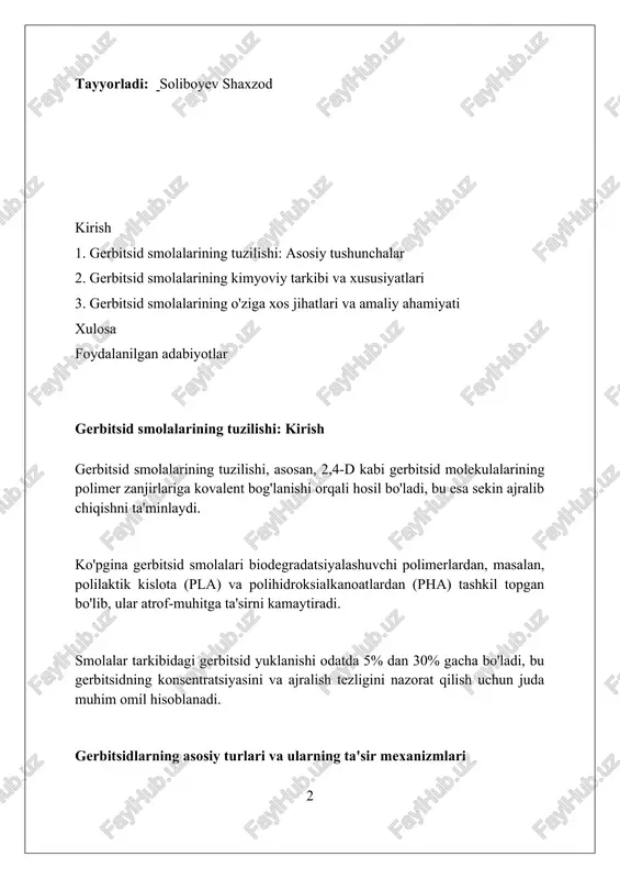 acha yuklanishi mumkin, bu esa sekin ajralib chiqishni ta'minlaydi. ba'zi gerbitsid smolalari biodegradatsiyalanishi mumkin bo'lgan polilaktik kislota (pla) yoki polihidroksialkanoatlar (pha) kabi polimerlardan iborat bo'lib, ular 12 oy ichida parchalanadi. sintetik smolalar: tuzilishi va xususiyatlari sintetik smolalar polimer tuzilishga ega bo'lib, monomerlarning polimerizatsiyasi natijasida hosil bo'ladi. ular molekulyar og'irligi 10^3 dan 10^6 gacha bo'lgan makromolekulalardan iborat. sintetik smolalarning xususiyatlari molekulyar zanjirlarning tuzilishi, bog'lanish darajasi (masalan, 3d to'r), va kimyoviy tarkibiga bog'liq, bu esa ularning termik barqarorligini belgilaydi. epoksi smolalar kabi sintetik smolalar yuqori adgeziya, kimyoviy chidamlilik va mexanik mustahkamlikka ega, ularning molekulyar tuzilishida epoksid halqalari (c2h4o) mavjudligi tufayli. tabiiy smolalar: tuzilishi va xususiyatlari tabiiy smolalar murakkab tuzilishga ega bo'lib, ularda diterpen kislotalari (masalan, abietik kislota) asosiy komponent hisoblanadi va ularning nisbati smolaning xususiyatlarini belgilaydi. tabiiy smolalarning xususiyatlariga erish nuqtasi (odatda 60-120°c) va organik erituvchilarda eruvchanligi kiradi, bu esa ularni bo'yoq va lak sanoatida qo'llash imkonini beradi. tabiiy smolalar tarkibida 5-20% …