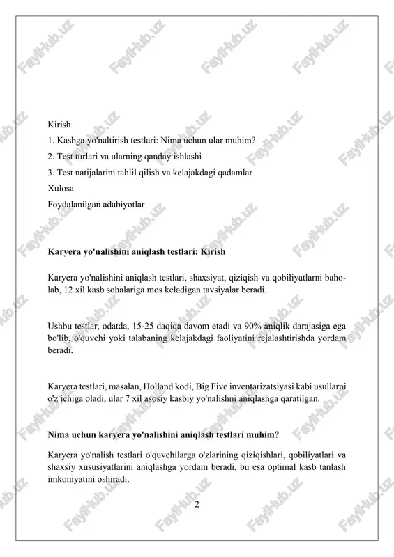 adan, menejerlik va maslahatchi lavozimlarida muvaffaqiyat qozonish imkoniyatini bashorat qiladi. psixometrik testlar psixometrik testlar shaxsiyat, qobiliyat va xulq-atvorni o'lchash uchun standartlashtirilgan usullardan foydalanadi, masalan, 16 shaxs omili so'rovnomasi. ushbu testlar natijalarni solishtirish uchun normativ ma'lumotlardan foydalanadi, odatda o'rtacha ko'rsatkich 100 va standart og'ish 15 bo'lgan iq testlarida. psixometrik testlarning ishonchliligi va haqiqiyligi muhimdir; ishonchlilik testning izchil o'lchovini, haqiqiylik esa maqsadga muvofiq o'lchovini ta'minlaydi. qiziqishni aniqlash testlari qiziqishni aniqlash testlari, strong interest inventory kabi, 6 ta asosiy qiziqish sohasini aniqlaydi, bu esa kasb tanlashda yo'nalish beradi. kuder preference record kabi testlar, turli xil faoliyatlarga bo'lgan qiziqishni 10 ta shkala orqali o'lchaydi, shaxsning afzalliklarini ko'rsatadi. qiziqish testlari natijalari faqatgina maslahat uchun mo'ljallangan; 100% aniq emas, shaxsning o'ziga xos qobiliyatlarini to'liq aks ettirmasligi mumkin. qobiliyat testlari qobiliyat testlari odatda 5-6 xil bo'limni o'z ichiga oladi, jumladan, matematik mantiq, verbal qobiliyat va fazoviy tasavvur kabi sohalarda o'lchovlar amalga oshiriladi. qobiliyat testlarining natijalari foizlarda yoki …