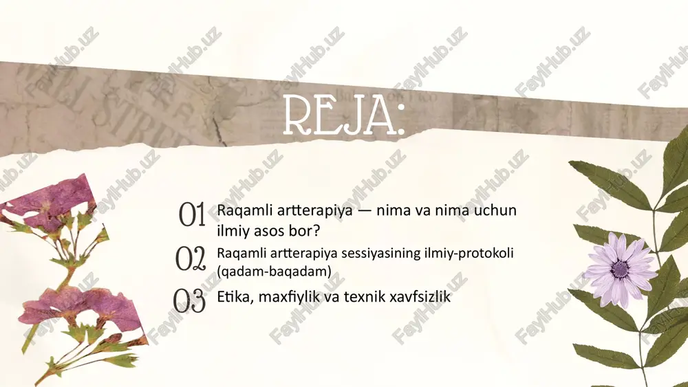 rilmalar (planshet/kompyuter, vr qurilma — agar ishlatilsa), kerakli dasturlar (procreate, krita, photoshop, kanva yoki vr uchun tilt brush/gravity sketch/adobe medium) va barqaror internetni tekshiradi. konsent va shartnoma: mijozga onlayn/raqamli ish uslubining xususiyatlari tushuntiriladi — ma’lumotlar saqlanishi, fayllar nusxasi, maxfiylik, xavfsizlik, intellektual mulk (ai yaratilgan asarlar) va favqulodda vaziyatlar bo‘yicha yozma rozilik olinadi. (baat kabi tashkilotlar onlayn artterapiya amaliyotiga oid tavsiyalar beradi). texnik shart-sharoit: mijozning qurilmasi va platformasi sinovdan o‘tkaziladi; zaxira rejasi (agar internet uzilsa) belgilanadi. baseline (oldingi holat) baholashi: ruhiy salomatlik o‘lchovlari (masalan, phq-9, gad-7, dass-21) va artga oid boshlang‘ich baho (mijozning ijodiy tajribasi, texnik ko‘nikmalari, raqamli tajribasi) olinadi. (bu o‘lchovlar umumiy ruhiy holat o‘lchovlari bo‘lib, artterapiya ta’sirini baholash uchun qo‘llanadi.) art gallery lorem ipsum dolor sit amet, consectetur adipiscing elit. vivamus quis ultrices felis. fusce sapien nunc, posuere at mauris sed, sagittis luctus erat. integer sollicitudin pellentesque dolor ac suscipit. duis quis commodo mauris. lorem ipsum dolor sit amet, …