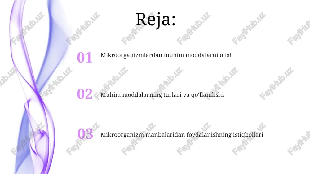 kamlashda muhim rol o'ynaydi. uning 2 mg miqdori etarli bo'lishi mumkin. antibiotiklar ishlab chiqarish mikroorganizmlar antibiotiklarni fermentatsiya jarayonida sintezlaydi, uning davomiyligi 48 soatdan bir necha kungacha o'zgaradi va harorat, ph va kislorod darajasi kabi omillar nazorat qilinadi. ko'pgina antibiotiklar aktinomitsetlar, ayniqsa streptomyces turkumidagi mikroorganizmlar tomonidan ishlab chiqariladi, 20 dan ortiq beta-laktam antibiotiklari esa penicillium va cephalosporium zamburug'laridan olinadi. vitaminlar ishlab chiqarish mikroorganizmlar, masalan, saccharomyces cerevisiae (xamir zamburug'i), b guruhi vitaminlari, xususan riboflavin (b2 vitamini) va biotinni (b7 vitamini) sanoat miqyosida ishlab chiqarish uchun ishlatiladi. genetik muhandislik yordamida mikroorganizmlar vitaminlar ishlab chiqarish qobiliyatini oshirish uchun optimallashtiriladi, masalan, yuqori hosildorlikka ega bo'lgan mutatsiyaga uchragan bacillus subtilis shtammlari. enzimlar ishlab chiqarish mikroorganizmlar ferment ishlab chiqarish uchun maqbul sharoitlar talab qiladi, masalan, harorat 25-37°c, ph darajasi 6,0-7,5 va ozuqa moddalari (uglevodlar, azot, minerallar) kabi optimal muhit. ferment ishlab chiqarish hajmli fermentatsiya (bioreaktorlar) yoki qattiq holat fermentatsiyasi (qattiq substrat) orqali amalga oshiriladi, bu jarayon o‘sish …