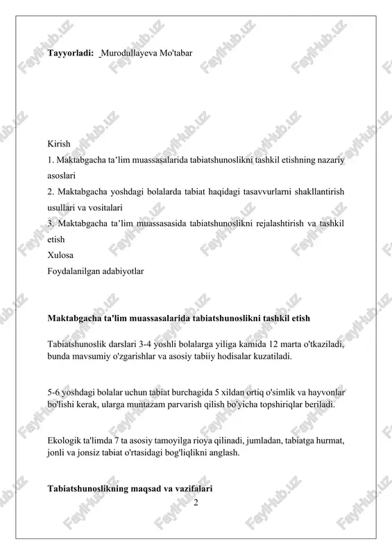 dunyosining 4 xil muhit bilan bog'liqligini tushuntirish orqali tabiatga mehr uyg'otadi. tabiatni o'rganish orqali bolalar 10 dan ortiq o'simlik va hayvon turlarini farqlashni o'rganadilar, bu esa ularning ilmiy dunyoqarashini shakllantiradi. maktabgacha yoshdagi bolalarda tabiat haqida tasavvurlarni shakllantirish usullari bolalarning tabiat haqidagi tasavvurlarini shakllantirishda kuzatuv usuli muhim, bunda 3-4 yoshli bolalar uchun 5-10 daqiqa davomida oddiy obyektlar kuzatiladi. eksperimentlar (3-6 yosh) orqali bolalar suvning holatlari (muzlash, bug'lanish) kabi 2-3 ta oddiy tabiiy hodisalarni o'rganishlari mumkin. tabiat burchaklari tashkil etish (4-7 yosh) orqali xonalarda 1-2 xil o'simlik va hayvonlarni parvarishlash ko'nikmalari shakllantiriladi. bolalarning yosh xususiyatlarini hisobga olish 3-4 yoshdagi bolalarning e'tibori qisqa muddatli (taxminan 10-15 daqiqa), shuning uchun tabiatni o'rganish faoliyati qisqa va o'yin shaklida bo'lishi kerak. 5-6 yoshdagi bolalar sabab-oqibat munosabatlarini tushunishga qodir, shuning uchun tabiat hodisalari (masalan, yomg'irning o'simliklarga ta'siri) tushuntirilishi kerak. kichkintoylar (2-3 yosh) tabiat elementlariga (masalan, barglar, toshlar) sensorli tajriba orqali qiziqadi, shuning uchun ularga ushbu ob'ektlarni ushlab …