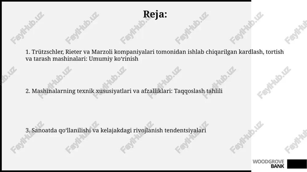 langan bo'lib, chiqindilarni maksimal darajada kamaytiradi va yuqori sifatli tolani ishlab chiqarishni ta'minlaydi. woodgrove bank chizma mashinalari: trutzschler trützschler chizma mashinalari td 9 modeli, 1200 m/min tezlikka erisha oladi, bu esa yuqori unumdorlik va kamroq energiya sarfini ta'minlaydi hamda ishlab chiqarish tannarxini pasaytiradi. trützschler integrator texnologiyasi bir nechta mashinalarni birlashtirib, optimal material oqimini ta'minlaydi va to'xtash vaqtlarini kamaytiradi, natijada umumiy samaradorlik 15% ga oshadi. woodgrove bank chizma mashinalari: rieter rieterning c 80 kartasi yuqori mahsuldorlikka erishadi, maksimal 80 kg/soat ishlab chiqarish tezligiga ega bo'lib, tolalar tozaligi va chidamliligini optimallashtiradi. rieterning c 76 kartasi igs tizimi bilan jihozlangan bo'lib, bu esa doimiy ravishda slipni nazorat qiladi va bir xillikni ta'minlaydi, shu bilan birga xom ashyoni tejalishiga erishiladi. woodgrove bank chizma mashinalari: marzoli marzoli chizma mashinalari yuqori tezlikda ishlashga mo'ljallangan bo'lib, daqiqasiga 1000 metrdan ortiq tezlikka erishish imkoniyatini beradi, bu esa ishlab chiqarish unumdorligini oshiradi. marzoli ndx chizma mashinasida o'z-o'zini tekislovchi tizim …