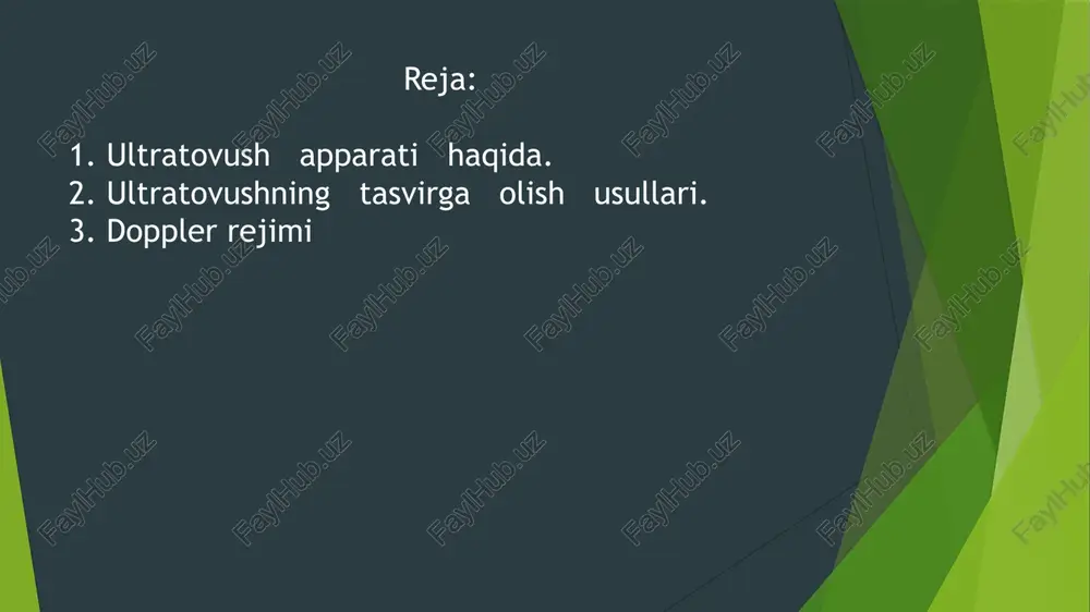 masofani ikkiga boʻlish orqali aniqlash mumkin (chunki ultratovush nuri bu yoʻldan ikki marta oʻtadi). ultratovush tezligiga puls qaytish vaqtini aniqlash mumkin. b-rejimi (inglizcha brightness). texnika real vaqtda anatomik tuzilmalarning ikki oʻlchamli kulrang tomografik tasvirlari koʻrinishida maʼlumot beradi, bu ularning morfologik holatini baholash imkonini beradi. ikki o’lchamli skanerlash yoki ikki o’lchamli akustik tasvir olish usuli bo’lib , ultratovush nurini tekshirilayotgan tekislikda ketma – ket siljitish ( skanerlash ) orqali biologik to’qimalarga yo’naltiriladi va qatlamlar nojinsliklaridan aks qaytgan signallar qabul qilinadi. qabul qilingan signallar to’plami ultratovush o’tgan barcha to’qimalarni ekranda ikki o’lchamli akustik tasvirni tuzishga imkon beradi. shu yo’l bilan olingan ikki o’lchamli tasvir v – ehogramma deyiladi. m-rejimi (inglizcha motion). texnika bir oʻlchamli tasvir shaklida maʼlumot beradi, ikkinchi koordinata vaqtinchalik bilan almashtiriladi. datchikdan joylashgan tuzilishgacha boʻlgan masofa vertikal oʻq boʻylab, vaqt esa gorizontal oʻq boʻylab chiziladi. ushbu rejim asosan yurakni tekshirish uchun ishlatiladi. yurak tuzilmalari harakatining amplitudasi va tezligini aks ettiruvchi …