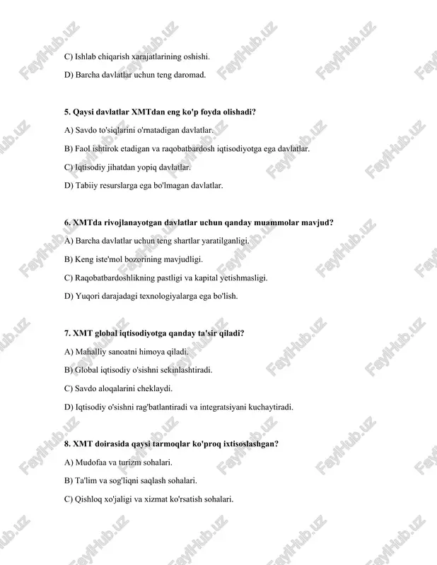 lik. b) doimiy raqobat. c) iqtisodiy yakkalanish. d) bir-biridan mustaqillik. 10. xmt rivojlanishiga qanday tashkilotlar ko'maklashadi? a) jahon savdo tashkiloti (jst) va xalqaro valyuta jamg'armasi (xvj). b) nodavlat tashkilotlar. c) mahalliy hukumatlar. d) milliy banklar. javoblar: № javoblar 1 d 2 c 3 d 4 b 5 b 6 c 7 d 8 d 9 a 10 a /docprops/thumbnail.jpeg