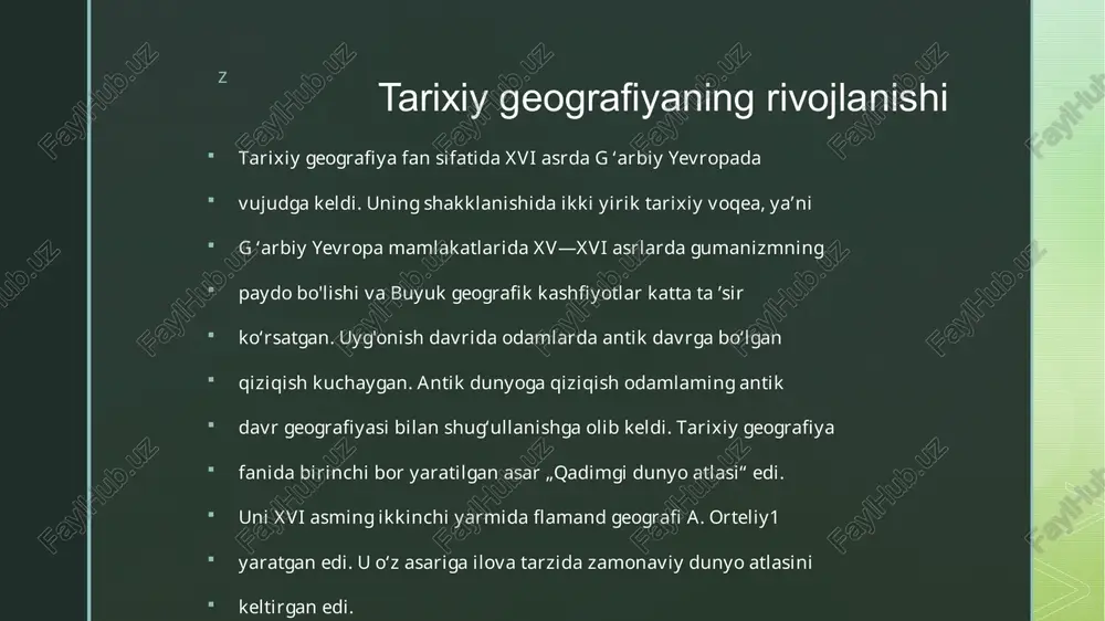 iyosiy-tarixiy geografiya. z z tarixiy geografiya fanining muhim vazifalaridan biri bu - o'tmishdagi davlatlar siyosiy chegaralarini, tarixiy voqealar bo'lib o'tgan joylarni aniqlash, shaharlar topografiyasini o'rganishdan iborat. tarixiy geografiyaning bu qismi siyosiy voqealar, urushlar bayoni va ularning davlatlar chegaralarini o'zgarishidagi o'rnini, hukmdorlar faoliyatini o'rganish bilan uzviy bog‘liqdir. bunda voqea-hodisalami chuqur anglab yetish uchun tarixiy geografiya juda kerak. masalan, urushlar va ulaming oqibatlarini to'liqroq tushunish uchun qo‘shinlar harakati, jangning borishi va bo'lib o'tgan joylarini o'rganish kerak bo'ladi. bu jihatdan tarixiy geografiya bir qator tarixiy fanlar — paleografiya, xronologiya, metrologiya va geraldika kabi fanlar qatorida turadi. z shuningdek, tarixiy geografiyaning mazmuni, ayniqsa hozirgi zamon nuqtai nazaridan qaraganda kengroqdir. u ijtimoiy-iqtisodiy jarayonlami, milliy-ozodlik harakatlarini kengroq o'rganadi. tarixiy geografiyani tarixiy jarayonlarni o'rganuvchi keng mazmunli tarix fanining bir bo'limi desak adashmaymiz. tarixiy geografiya awalo tarix fanini o'rganish uslublariga tayanadi. bu haqqoniylik, xolislik va davriylik uslublariga asoslanib, voqealami yanglish va xatolarsiz, mukammal yoritishdan iborat. tarixiy geografiyani o'rganishda …