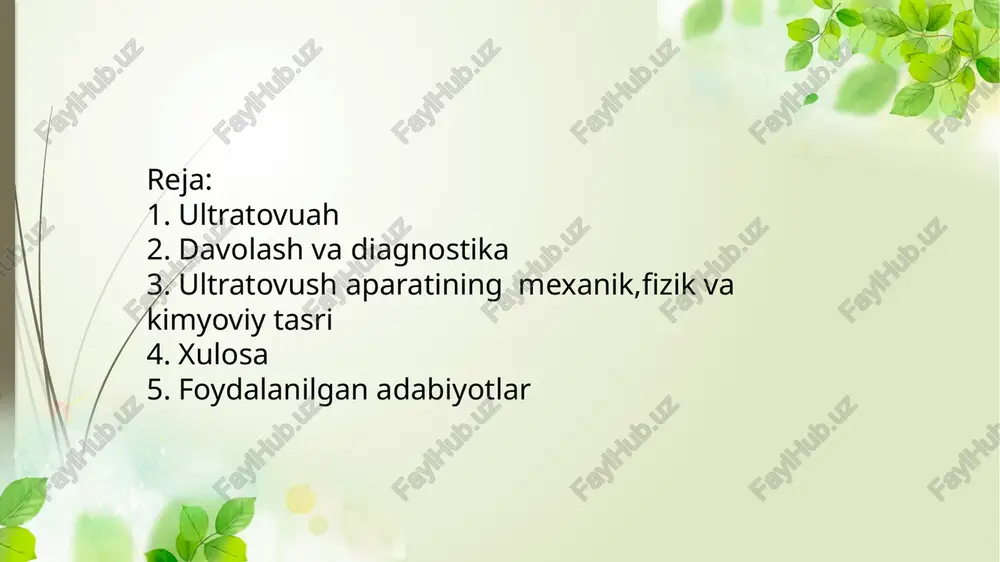 k, kimyoviy va issiq taʼsir kidali. ultratovushning terapevtik taʼsiri mahalliy va umumiy reaksiyalardan iborat boʻlib, neyroreflektor va gumoral yoʻl orqali yuzaga chiqadi. ult ratovush maʼlum dozada ogʻriqsizlantiruvchi, soʻruvchi, yalligʻlanishga qarshi, spazmolitik, fibrionolitik, qonni suyultiruvchi taʼsir qiladi. uning taʼsirida bitish va tiklanish jarayonlari tezlashadi, nervmuskul apparati qoʻzgʻaluvchanligi oshadi. periferik nerv tolasidan impuls oʻtishini tezlashtiradi, toʻqimaning trofik funksiyasini yaxshilaydi va h.k. tayanch-harakat apparati kasalliklari (artrit, artroz, revmatoid artrit, periferik nerv sistemasi jaroxati va kasalligi, hazm aʼzolari kasalliklari, meʼda va 12 barmoq ichak kasalliyutari), quloq, tomoq va burun kasalliklari (tonzillit, faringit), ginekologik kasalliklar (salpingoofaritlar), urologik kasalliklar (prostatit) va stomatologik kasalliklar (parodontoz)la yaxshi naf beradi. pekin ultratovushni qoʻllash bemorga toʻgʻri kelishikelmasligini faqat vrach aniqlab beradi. toʻqimalarni kesish kabi xirurgik operatsiyalarda ham ultratovush asboblaridan foydalaniladi. ultratovush diagnostika maqsadlarida tosh va yot jismlarni, homilaning joylashish holati hamda boshining oʻlchamini va boshqalarni aniqlashda qoʻllaniladi. ultrasonik tebranishlarga ta’sir qilish samarali yallig’lanishga qarshi, rezorbsiya, og’riq qoldiruvchi ta’sirga ega va …