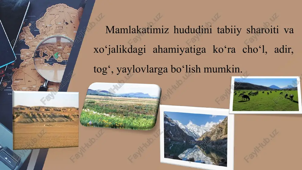 asosan, obikor, dengiz sathidan 1000 metrdan baland yerlarda lalmikor dehqonchilik yuritiladi. adirlar dehqonchilik uchun eng qulay joy bo‘lganidan odamlar qadimdan shu yerlarda qishloq xo‘jaligi bilan shug‘ullanaverib, uning yer yuzasini ham, o‘simlik va hayvonot olamini ham o‘zgartirib yubordi. this presentation uses a free template provided by fppt.com www.free-power-point-templates.com tog‘ mintaqasi o‘zbekistonda adirdan baland joylarga, ya’ni dengiz sathidan 1200 metrdan baland bo‘lgan joylarga to‘g‘ri keladi. tog‘larda yoz nisbatan qisqa, yog‘ingarchilik ko‘p bo‘ladi. tuprog‘i nihoyatda chirindiga boy. tog‘larda betaga, ravoch, zira, tog‘ yalpizi, yuqoriroqda na’matak, zirk, dukcho‘p kabi butalar, undan ham yuqoriroqda bodom, pista, do‘lana, zarang, olma, yong‘oq, nok, olcha kabi mevali daraxtlarning yovvoyi turlari o‘sadi. this presentation uses a free template provided by fppt.com www.free-power-point-templates.com ravoch, tog‘ yalpizi, zirk kabilar ovqatga ishlatiladi. bodom va pista terib olinadi. yovvoyi mevali daraxtlarga madaniy mevalar payvand qilinishi natijasida tog‘larning xo‘jalikdagi ahamiyati tobora ortib bormoqda. tog‘ mintaqasining shifobaxsh iqlimi hamda beqiyos go‘zal tabiatidan dam olish va …