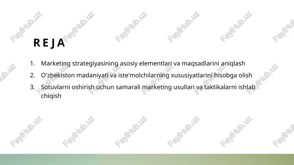 kliflarini o'rganish orqali bozor trendlarini, yangi imkoniyatlar va xavflarni aniqlash mumkin. bu, raqobatda ustunlikni saqlash uchun muhimdir. 3 strategik yondashuvlar - har bir raqobatchi uchun individual strategiya ishlab chiqish, ularning kuchli tomonlariga nisbatan to'g'ri pozitsiya olish va resurslarni optimal taqsimlash imkonini beradi. 4 ma'lumotlarni to'plash - raqobatchilar haqida ma'lumotlarni yig'ish uchun bozor tadqiqotlari, mijoz fikrlari va sanoat hisobotlaridan foydalanish zarur. bu, aniq va asoslangan qarorlar qabul qilishga yordam beradi. resurslar va imkoniyatlarni baholash: strategik rejalashtirishda muhim bosqich. 1 resurslar tahlili strategik rejalashtirish uchun avvalo mavjud resurslar: moliyaviy, insoniy va texnologik imkoniyatlar aniq baholanishi kerak. bu, strategiyaning amalga oshirilish samaradorligini oshiradi. 2 bozor imkoniyatlari bozordagi mavjud ehtiyojlar, raqobatchilar va yangi imkoniyatlar tahlil qilinadi. bu jarayon, o’ziga xos yondashuvlar va potentsial o’sish punktlarini aniqlash uchun muhimdir. 3 infratuzilma va texnologiya mahalliy infratuzilma va texnologik imkoniyatlar, mahsulot va xizmatlarni distribusiya qilishda muhim rol o’ynaydi. ular orqali xaridorlarga qulayliklar taqdim etish mumkin. 4 ijodiy …