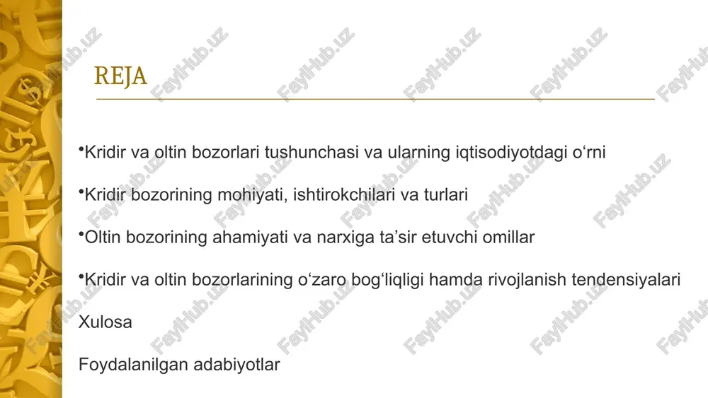 ishdir. bunda ortiqcha mablag‘ga ega bo‘lgan tomonlar uni foyda evaziga qarzga beradi, mablag‘ga ehtiyoji bor tomonlar esa ushbu resurslardan foydalanadi. kridir bozori iqtisodiy o‘sish va barqarorlikning eng muhim omillaridan biridir. u orqali ishlab chiqarish jarayonlari moliyalashtiriladi, yangi ish o‘rinlari yaratiladi, tadbirkorlik faoliyati kengayadi hamda investitsion muhit yaxshilanadi. shuningdek, kridir bozori pul-kredit siyosati mexanizmlarining samarali ishlashida ham asosiy rol o‘ynaydi. markaziy bank tomonidan belgilangan foiz stavkalari, kredit hajmlari va muomaladagi pul miqdori butun iqtisodiyotning holatiga bevosita ta’sir ko‘rsatadi. kridir bozori rivojlangan mamlakatlarda iqtisodiy jarayonlarni tartibga solishning muhim vositasi sifatida xizmat qiladi, chunki u kapitalning tez aylanishi va pul oqimlarining erkin harakatlanishini ta’minlaydi. oltin bozori esa tarixan qadimiy va strategik ahamiyatga ega bo‘lgan moliyaviy tizimdir. oltin bozori – bu oltinni sotib olish, sotish, saqlash va unga investitsiya kiritish bilan bog‘liq iqtisodiy munosabatlar majmuasidir. oltin qadimdan insoniyat uchun eng barqaror qiymat o‘lchovi va boylik manbai hisoblanib kelgan. hozirgi kunda ham oltin global moliyaviy …