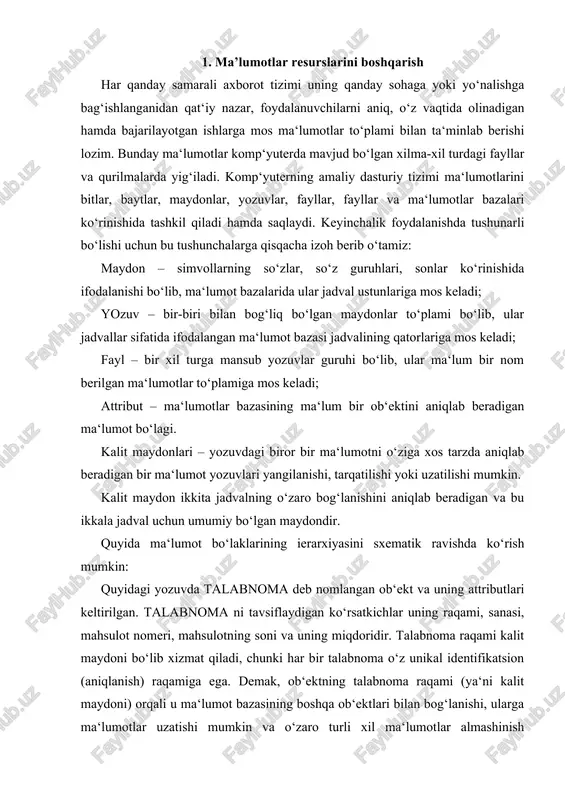 alit maydoni bo‘lib xizmat qiladi, chunki har bir talabnoma o‘z unikal identifikatsion (aniqlanish) raqamiga ega. demak, ob‘ektning talabnoma raqami (ya‘ni kalit maydoni) orqali u ma‘lumot bazasining boshqa ob‘ektlari bilan bog‘lanishi, ularga ma‘lumotlar uzatishi mumkin va o‘zaro turli xil ma‘lumotlar almashinish imkoniyatiga ega. ma‘lumot bazasini tuzish va u bilan ishlay boshlashdan avval albatta kalit maydonlarini aniqlab olish zarur, chunki bu ish ob‘ektlarning o‘zaro aloqasini ta‘minlab beradi. ierarxiya (misol sifatida) fanlar fayli moliyaviy fayl talabalar fayl ma‘lumot bazasi nomi fani sana bahosi fayl aliyev obid tarix 2003 v+ karimov said hisob 2003 a omonov anvar moliya 2003 s yozuv omonov anvar moliya 2003 v+ omonov anvar (nomi) maydon 01001010 (ascii dagi kod) bayt 0 bit rasm.1 ma‘lumot bo‘laklari ierarxiya sxemasi. talabnoma kalit maydoni talab raqami 4340 talab sanasi 02/08/2003 mahsulot nomeri 642 8 soni 32 6 , mi qdori 2-rasm. talabnoma sxemasi fayllarni ketma-ket usulda tashkil qilish deb ma‘lumotlar saqlanishini shunday usulda …