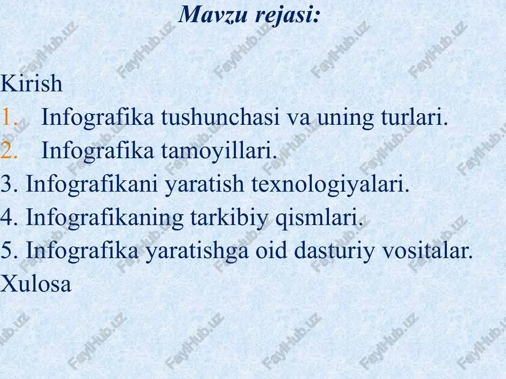 r yoki oʻquv materiallari" degan maʼnoni anglatadi. piktochart ‒ bu onlayn vizual kontent yaratish platformasi boʻlib, turli xil infografikalar, prezentatsiyalar, posterlar, hisobotlar va boshqa vizual materiallarni osongina yaratish imkonini beradi. u asosan dizayn bilimlari kam boʻlgan foydalanuvchilar uchun moʻljallangan, chunki unda tayyor shablonlar va oddiy interfeys mavjud. interfaol infografika yaratish dasturlari – eng yaxshi vositalar 1. professional & kuchli dasturlar adobe illustrator – vektorli dizayn (infografika uchun mukammal). adobe animate – animatsiyali interaktiv kontent. tableau – ma’lumotlar vizualizatsiyasi + interaktiv dashboardlar. power bi (microsoft) – biznes-analitika va interaktiv hisobotlar. 2. oson va tezkor ishlatish uchun canva – 1000+ infografika shablonlari + animatsiya qo‘shish. piktochart – drag-and-drop interaktiv infografikalar. venngage – marketing va ta’lim uchun vizualizatsiya. genially – interaktiv animatsiyalar, taqdimotlar. 3. kod bilganlar uchun d3.js – javascript kutubxonasi (maxsus interaktiv vizualizatsiyalar). figma + plugins – prototiplash va interaktiv dizayn. 4. real-vaqtda ma’lumotlar uchun google data studio (looker studio) – bepul …