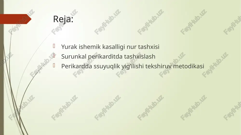 vaskulyar muolajalar o�tkaziladi (ballon dilatatsiya va stendlash. asosiy usul yuikda angiografiya hisoblanadi va hozirgi kunda rivojlangan mamlakatlarda erta qo�’llaniladi va kerak bo�lsa endovaskulyar muolajalar o�tkaziladi. rivojlangan bosqichda, stenotik o�’zgarishlar diffuz bo’�lganda endovaskulyar muolajalar yordam bermaydi. perikard kasalliklari perikardit. yurak xaltasi (perikard)ning yallig‘lanishi, unga sepsis, sil va qo‘shni a`zolar (plevra, o‘pka, ko‘ks oralig‘i) kasalliklari sabab bo‘ladi. fibrinli, ekssudatli va yopishqoq perikardit farq qilinadi. fibrinli (quruq) perikardit-epikard va perikard yaproqlarida fibrin to‘planishi. mahalliy, chegaralangan va umumiy bo‘lishi mumkin. yig‘ilgan suyuqlik xarakteriga qarab fibrinli va seroz-fibrinli perikardit ajratiladi. klinikasi: yurakda og‘riq, perikardda g‘irchillagan tovush eshitiladi. rentgenologik belgilari yo‘q. ekssudatli perikardit yurak xaltasining ichida suyuklik to‘planishi bilan o‘tadi. yallig‘lanish perikard sirtini va ichkaridan yurakni qoplab epikardni egallaydi. sog‘lom odamda perikard bo‘shlig‘ida 30 ml atrofida seroz suyuqlik bor, u pastki qismda joylashadi. ko‘p miqdorda (100-200 ml) suyuqlik to‘planganda yurakning shakli, konfiguratsiyasi, o‘lchami va joylashishi o‘zgaradi. suyuqlikning hamma turi (seroz, fibrinoz, yiringli) rentgen nurlarini deyarli bir …