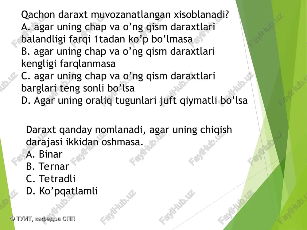 5 d. 6 35, 27, 5,78, 29, 43sonlaridan hosil qilingan binar daraxtda nechta oraliq tugun mavjud a. 2 b. 3 c. 4 d. 6 35, 27, 5,78, 29, 43 sonlaridan hosil qilingan binar daraxt balandligi nechaga teng a. 3 b. 4 c. 2 d. 1 © tuit, kafedra spp nadira-pc (np) © tuit, kafedra spp © tuit, kafedra spp © tuit, kafedra spp ideal muvozanatlangan binar daraxtda mavjud bo`ladigan tugunlar soni n tugun va daraxt balandligi nbalandlik orasida quyidagicha bog‘liqlik mavjud. ntugun = 2nbalandlik − 1 nbalandlik = log2(ntugun + 1) . © tuit, kafedra spp muvozanatlanganlik va asosiy tushunchalar binar darxtlarda elementlar kelib tushish ketma ketligiiga qarab daraxt ma’lum shaklga keladi. binar daraxtda balandligi uzaygan sari uning ustida amal bajarish qiyinlashib boradi. binar daraxt ustida amal bajarish qiyinligi uning blanadligiga to`g`ri proporsional. daraxt shakllanganda o`rtacha holatda uning samaradorligi o(log(n)) ga teng © tuit, kafedra spp eng yomon holatda, ya’ni …