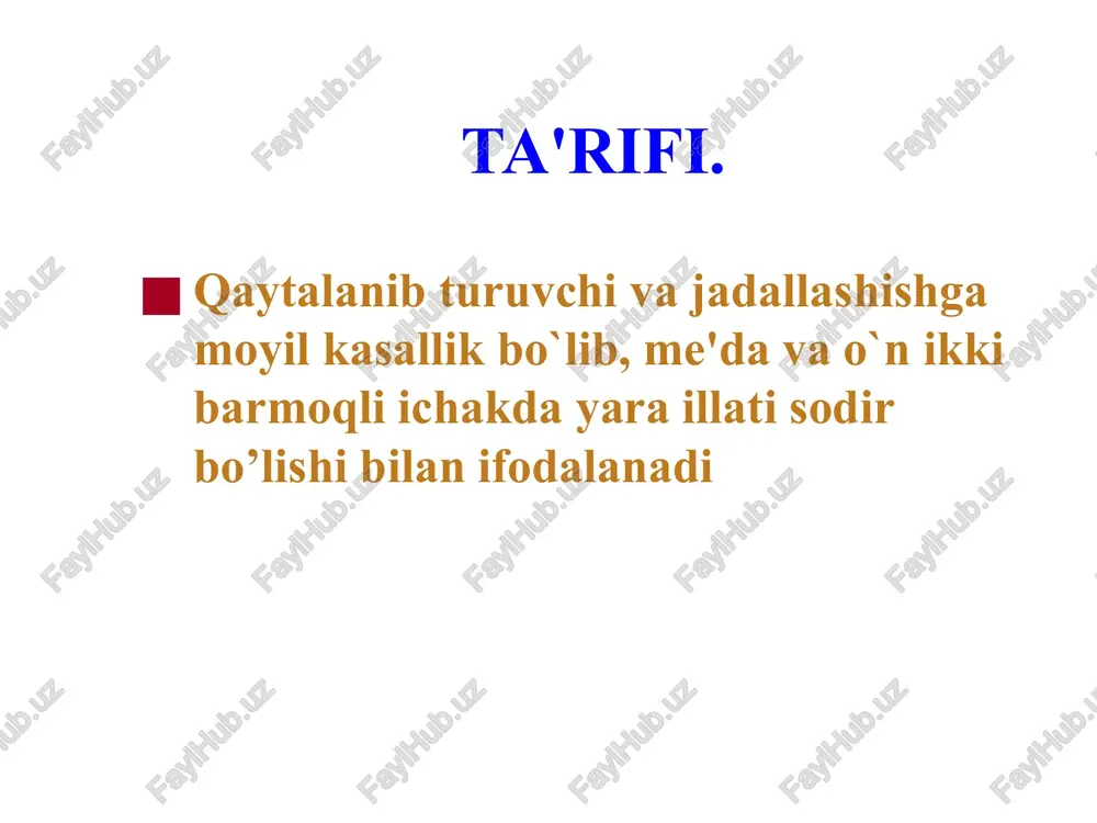 lo va sulfomutsinlar (4) normal maxalliy qon aylanishi tasnifi 1. etiologiyasiga qarab: a) xelikobakter pilori bilan bog’langan. b) xelikobakter pilori bilan bog’lanmagan. 2. joylashishiga qarab: a) me'da yarasi: a) kardiya qismi b) kichik egriligi v) pilorik bo’limi (oshqozonni chiqishi) g) antral bo’limi b) o’n ikki barmoqli ichak yarasi: a) piyozchasida b) piyozchadan tashqari bo’lim (postbulbar) c) me'da va o’n ikki barmoqli ichak yarasining birga mavjudligi 3. yara turiga qarab: a) yakka b) ko’pchilik 4. yara diametriga qarab: a) kichkina diametrli 0,5 sm gacha b) o’rta diametrli 0,5-1sm gacha c) katta diametrli 1,1-2,9sm d) ulkan (juda katta), me'da yarasi uchun 3sm va ortiq, o’n ikki barmoqli ichak yarasi uchun 2sm dan ortiq 5. klinik kechishiga qarab: a) tipik b) notipik - notipik og’riq sindromi bilan - og’riqsiz (lekin boshqa klinik belgilar bilan) - simptomsiz 6. me'daning sekretsiya miqdori bo’yicha: a) baland sekretsiya bilan b) normal sekretsiya bilan c) pasaygan sekretsiya bilan …