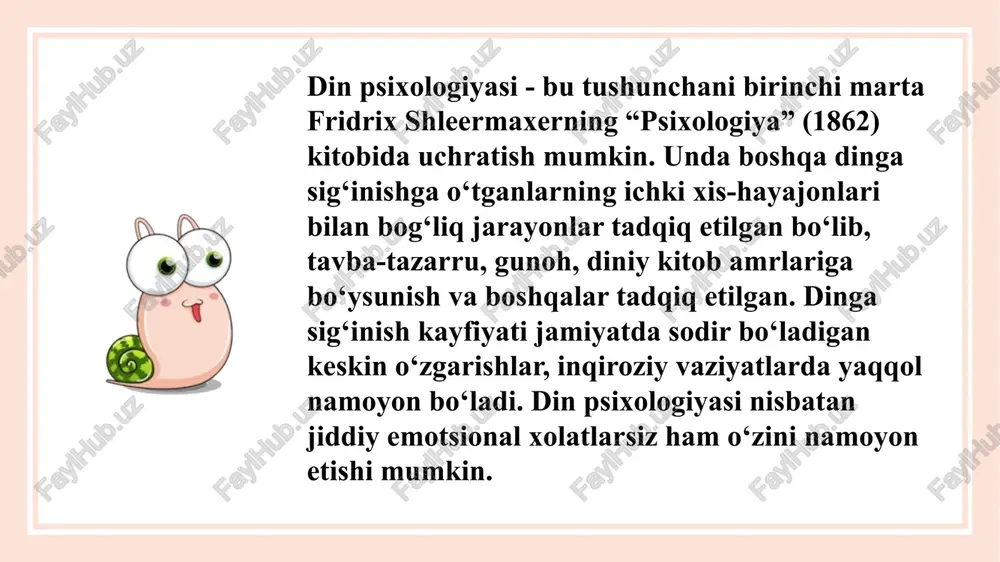 da tadqiq qiladi. din sotsiologiyasining mavzusi jamiyatning asos shakllari va dinning tashqi ko‘rinishlari bilan ijtimoiy jarayonlar, ularning tuzilish va qonunlaridan iborat ekan. boshqacha qilib aytganda, bu ilm sohasi, tarix bo‘yicha xususiy va mushohadaga suyanuvchi din va jamiyat tadqiqotlarini, dinning ijtimoiy hayotdagi ko‘rinishlarini o‘rganadi. din sotsiologiyasi, bir tomondan jamiyat, bir tomondan diniy ilmlarga tayanadi; bu ikki asos ustida yakdillikni keltirib chiqarishga harakat qiladi. dinning umumiy psixologiya doirasidan chetga chiqarilishi aqshda din psixologiyasining shakllanishi bilan bog‘liq edi. v. vundtning shogirdi, amerikalik psixolog stenli xoll (1844-1924) din psixologiyasiga oid birinchi asarini din bola rivojlanishining tabiiy qismi ekanligini ko‘rsatgan holda “bolalarning axloqiy va diniy tarbiyasi” (1882) nomi bilan nashr etdi. dindor shaxs psixologiyasini o'rganish uchun quyidagi metodologiyalar keng qo'llaniladi: so'rovnomalar va anketalar: diniy e'tiqodlarni va ular bilan bog'liq psixologik holatlarni o'rganish uchun so'rovlar va psixologik testlar qo'llaniladi. klinik tadqiqotlar: dindor shaxslar va ularning psixologik holatlarini o'rganish uchun klinik uchrashuvlar, intervyular va davolash jarayonlari tahlil …