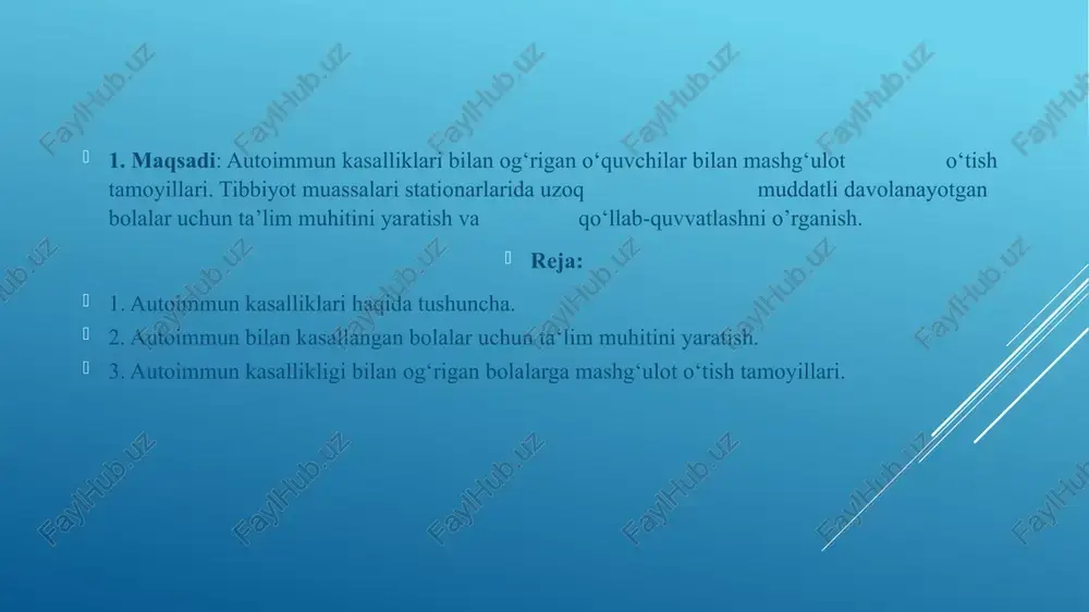 arish tananing bunday yuqumli agenti bilan infektsiyasi bilan bogʻliq boʻlishi mumkin, eng muhim oqsillarning antigenik determinantlari (epitoplar) oddiy toʻqimalarining antigenik determinantlariga oʻxshaydi autoimmun kasalliklarning turlari aynan shu mexanizm tufayli autoimmun glomerulonefrit streptokokk infektsiyasidan keyin yoki gonoreyadan soʻng autoimmun reaktiv artritdan keyin rivojlanadi. emlash, ayniqsa, immunosupressantlar bilan davolanadigan autoimmun revmatologik kasalliklarga chalingan bemorlar uchun muhimdir. turlari: 1. organga xos autoimmun kasalliklar — immun tizimidan ajratilgan organlarning gistogematik toʻsiqlarini yoʻq qilish oqibatlda rivojlanadi. natijada, immunitet tizimi ushbu organlarning oʻzgarmagan antienlariga taʼsir qilib, antigenlar va sensibilizatsiyalangan limfotsitlarni ishlab chiqaradi, organlardagi oʻzgarishlar kechikilgan turdagi yuqori sezuvchanlik turiga qarab rivojlanibi: toʻqimalarning limfotsitlar bilan infiltratsiyasi, parenximasining oʻlimi va oxirida skleroz . rivojlanadi. bularga autoimmun tiroidit (hasimoto kasalligi), ensefalomielit, polinevrit, koʻp skleroz, idiopatik addison kasalligi, aspermatogeniya, simpatik oftalmiya va boshqalar kiradi. alllergik kasalliklar . organ — nospesifik autoimmun kasalliklar — asosiy omillar immunobiologik kuzatuv sistemasidagi buzilishlardir. autoimmunizatsiya koʻplab organlar va toʻqimalarning antigenlariga nisbatan rivojlanib, ularda ham kechiktirilgan, …