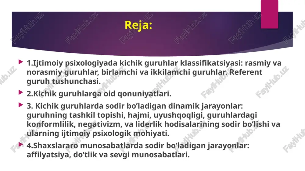 hqa odamlarning yonida bo`lishi uning faoliyatiga qanday ta`sir ko’rsatadi. boshqalar bilan hamkorlikda bo`lgan individ faoliyatining tezligi oshadi, lekin harakatlar sifati ancha pasayishi aniqlandi. bunday ma`lumotlar amerikalik n.triplett, nemis olimi a.mayer, rus olimi v.m.bexterev, yana bir nemis olimi v.mede va boshqalarning tadqiqotlarida ham qayd etildi. 1- o;quv topshiriq ven diagrammasini to’ldiring fatsilitatsiya indivitsiya fatsilitatsiya mohiyati shundan iborat ediki, individning faoliyat maxsullariga uning yonida bo`lgan boshqa individlarning bevosita ta`siri bo`lib, bu ta`sir avvalo, sensor kuchayishlar hamda ish harakatlarning, fikrlashlarning tezligida namoyon bo`ladi indivitsiya ya`ni boshqalar ta`sirida individ reaktsiyalariga tormozlanish faoliyatining susayishi xolatlari kuzatiladi 2- o’quv topshiriq fsmu . kichik guruh klassifikatsiyasi: 1-guruh rasmiy va norasmiy guruhlar, 2-guruh birlamchi va ikkilamchi guruhlar. 3-guruh referent guruh tushunchasi. ushbu texnologiya munozarali masalalarni hal etishda hamda o‘quv jarayonini bahs-munozarali o‘tkazishda qo‘llaniladi, chunki bu texnologiya talabalarni o‘z fikrini himoya qilishga, erkin fikrlash va o‘z fikrini boshqalarga o‘tkazishga, ochiq holda bahslashishga hamda shu bilan birga bahslashish madaniyatini o‘rgatadi. …