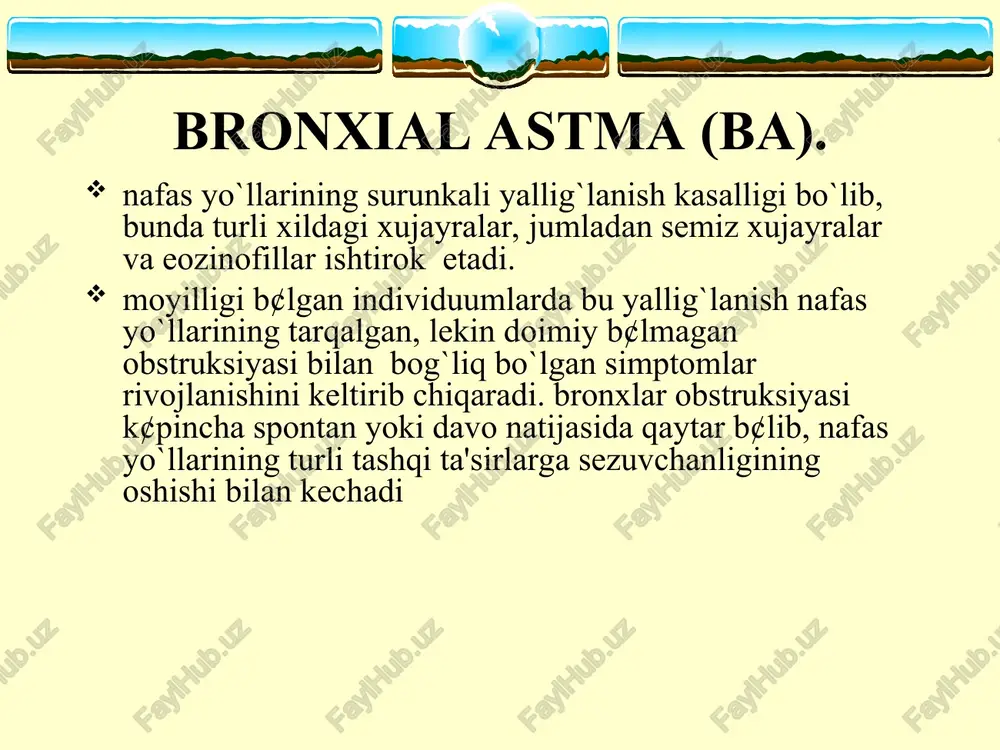 i va hujayrali yallig`lanish infiltrasiyasi bilan javob beradi. patomorfologiya bronxlarda yallig`lanish belgilari, shilliq qavatining shishi, shilliq tiqin, silliq mushaklar giperplaziyasi, bazal membrana qalinlashishi va dezorganizasiyasi aniqlanadi. bronxial astmada endobronxial biopsiyada bronx epiteliysining ko’chishi, shilliq qavat eozinofil infiltrasiyasi ko`riladi. bronxlar yuvindi suvida ko`p miqdorda epitelial, semiz xujayralar, eozinofillar va limfositlar topiladi. klinika shikoyatlar va anamnez ekspirator xansirash va/yoki yo`tal xurujlari masofadan xushtaksimon xirillashlar eshitilishi ko`krak qafasida og`irlik xissi ob’ektiv ekspirator xansirash burun kataklarini nafas olganda kengayishi quzg`alish nafas aktida qo`shimcha mushaklar ishtiroki majburiy xolat perkussiyada: emfizema shakllanganda qutisimon perkutor tovush auskultasiyada: qurug` xushtaksimon va g`o`ngillovchi xirillashlar xamda nafas chiqarish fazasining uzayishi ba diagnostikasi va og`irlik darajasini aniqlash qaytalanuvchi xirillashlar epizodlari kechasi va erta tongda iztirobli yo`tal va xirillashlar jismoniy zo`riqishdan so`ng yo`tal va xirillashlar allergen yoki pollyutantlar bilan kontaktdan keyin yo`tal, xirillashlar yoki ko`krak qafasida og`irlik his qilish tumov, keyinchalik «ko`krakka tushadi» yoki 10 kundan ortiq davom etadi astmaga qarshi dorilar …