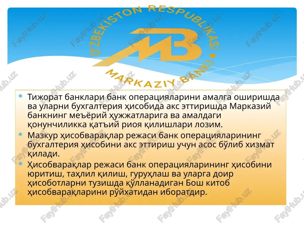 ijara) 15700 sud jarayonidagi kreditlar va lizing 16300 olinishi lozim bo'lgan hisoblangan foizlar 16500 asosiy vositalar 16600 nomoddiy aktivlar 16700 bankning boshqa xususiy mulklari 19900 boshqa aktivlar hisobvaraqlar ro'yxati. 20000 majburiyatlar 20200 talab qilib olinguncha saqlanadigan depozitlar 20208 xususiy korxonalar, xo'jalik shirkatlari va jamiyatlarning talab qilib olinguncha saqlanadigan depozitlari 20212 nodavlat notijorat tashkilotlarning talab qilib olinguncha saqlanadigan depozitlari 20218 yakka tartibdagi tadbirkorlarning talab qilib olinguncha saqlanadigan depozitlari 20400 jamg'arma depozitlar 20600 muddatli depozitlar 21000 boshqa banklarga to'lanishi lozim bo'lgan mablag'lar 21600 to'lanishi lozim bo'lgan qisqa muddatli kreditlar 22000 to'lanishi lozim bo'lgan uzoq muddatli kreditlar 22100 lizing (moliyaviy ijara) bo'yicha majburiyatlar 22400 to'lanishi lozim bo'lgan hisoblangan foizlar 22500 hisoblangan soliqlar 22600 mijozlarning boshqa depozitlari 23600 bank tomonidan chiqarilgan qimmatli qog'ozlar 29800 boshqa majburiyatlar 30000 xususiy kapital 30300 ustav kapitali 30600 qo'shilgan kapital 30900 zaxira kapitali 31200 taqsimlanmagan foyda 40000 daromadlar 40200 foizli daromadlar 45200 foizsiz daromadlar 45900 boshqa foizsiz daromadlar 50000 …
