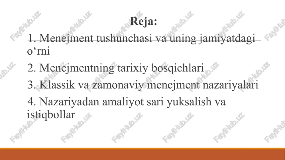 si fanining maqsadi boshqaruv jarayonida inson omilining psixologik xususiyatlarini ochib berish, rahbar va jamoa o‘rtasidagi samarali munosabatlarni shakllantirish va boshqaruv faoliyatini yuqori samaradorlikka olib chiqishdir. menejment psixologiyasi quyidagi vazifalarni bajaradi: rahbar shaxsining psixologik portretini yaratish va uning samarali faoliyat ko‘rsatish omillarini aniqlash. boshqaruv jarayonida kommunikatsiya va muloqot psixologiyasini o‘rganish. jamoa psixologik muhitini tahlil qilish va uni sog‘lomlashtirish yo‘llarini ishlab chiqish. mehnat motivatsiyasi va rag‘batlantirishning psixologik mexanizmlarini ishlab chiqish. konfliktlarni boshqarish va ularni konstruktiv hal qilish metodlarini o‘rganish. liderlik nazariyalarini tahlil qilish va rahbarlik uslublarining samaradorligini aniqlash. rahbar va xodimlarning stressga chidamliligini oshirish, professional deformatsiyaning oldini olish. menejmentning tarixiy bosqichlari menejment evolyutsiyasi bir necha davrlarga bo‘linadi: qadimgi davr: misr ehromlari qurilishi, rim legioni, xitoy ma’muriy tizimlari – dastlabki boshqaruv shakllari. o‘rta asrlar: feodal xo‘jaliklar, savdo gildiyalari va diniy tashkilotlarda boshqaruv. xix–xx asr boshlarida: sanoat inqilobi davrida ilmiy asoslangan menejment zaruriyati paydo bo‘ldi. klassik va zamonaviy menejment nazariyalari klassik nazariyalar: f. teylor …