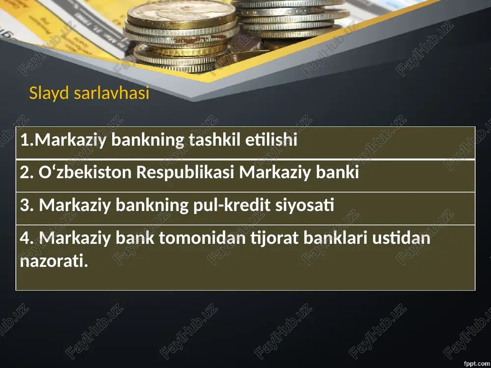 riy vaziyat va pul-kredit siyosatining asosiy yo‘nalishlari to‘g‘risida hisobot e’lon qiladi. - markaziy bankning hisobot davri 1 yanvardan 31 dekabrgacha etib belgilangan. yillik hisobot oliy majlis senatiga ko‘rib chiqish uchun 15-maydan kechiktirmay taqdim etiladi. markaziy bankning vakolatlari: to'lovlarni amalga oshirish qoidalarini o'rnatish; bank tomonidan mijozlarning hisobvaraqlarini ochish, yuritish va yopish tartibini belgilash; banknotlarni muomalaga chiqarish va muomaladan chiqarish; qimmatbaho metall quymalarini muomalaga chiqarish; banknotlar va qimmatbaho metallarni sotib olish va sotish tartibini belgilash; banklar tomonidan qimmatbaho metallar bilan operatsiyalarni amalga oshirish tartibini belgilash; banklarni qisqa muddatli kreditlar bilan ta'minlash; bank faoliyatini nazorat qiladi; banklarni litsenziyalashni amalga oshiradi; ruxsatnomalar va boshqalar. 3. markaziy bankning pul-kredit siyosati pul-kredit siyosati - bu markaziy bank tomonidan iqtisodiyotda narxlar barqarorligini ta'minlashga qaratilgan chora-tadbirlar majmuidir. pul-kredit siyosatining maqsadi pul-kredit siyosatining maqsadi iqtisodiyotda narx barqarorligini ta'minlashdan iborat. markaziy bank inflyatsiyaning past darajasini ta’minlash orqali aholi daromadlari va barqaror, inklyuziv iqtisodiy o‘sishni himoya qilish uchun zarur shart-sharoitlarni yaratadi. …