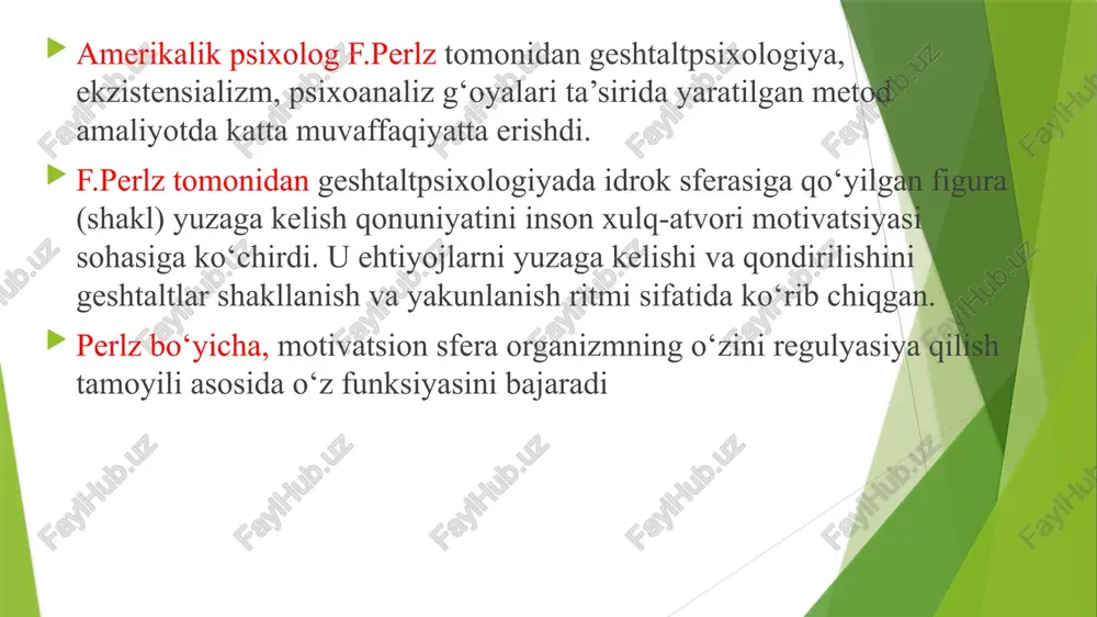 lishi mumkin deb hisoblanadi. organizm-muhit, inson esa keng «dala»ning bir bo‘lagidir. sog‘lom shaxsda muhit bilan chegara harakatchan bo‘lib, aniq bir ehtiyojning paydo bo‘lishi muhit bilan «kontakt» (aloqa)ni talab etadi va geshtaltni shakllantiradi. ehtiyojni qondirish esa geshtaltni yakunlaydi va muhitdan «chetlanishini» talab etadi. nevrotik shaxsda «kontakt» va «chetlashish» jarayonlari qattiq buzilgan bo‘lib, ehtiyojlarni adekvat qondirilishini ta’minlaydi. f.perlz fikriga ko‘ra, shaxsiy o‘sish ― o‘zini regulyasiyalashga hamda ichki dunyo va muhit o‘rtasidagi muvozanatni koordinatsiyalashga imkon beruvchi o‘zini anglash zonalarini kengayish jarayoni deb hisoblagan. u anglashni uch zonasini ajratib ko‘rsatadi: 1. ichki — badanimizda amalga oshuvchi hodisa va jarayonlar. 2. tashqi - ongda aks etuvchi tashqi voqea-hodisalar. 3. o‘rta - fantaziyalar, e’tiqodlar, munosabatlar. nevrozda birinchi ikkita geshtaltterapiyada o‘zini regulyasiya qilish jarayonining buzilishini besh mexanizmi farqlanadi: 1. introeksiya-ichkilashtirish- ichki himoyalanish mexanizmini ishga tushushi 2. proeksiya- irg’itish 3. retrofleksiya- o'z-o'zidan orqaga qaytish 4. defleksiya- burilish- og’ish 5. konfluensiya- retroflektsiya- (inglizcha retroflection - o'z-o'zidan orqaga qaytish) gestalt …