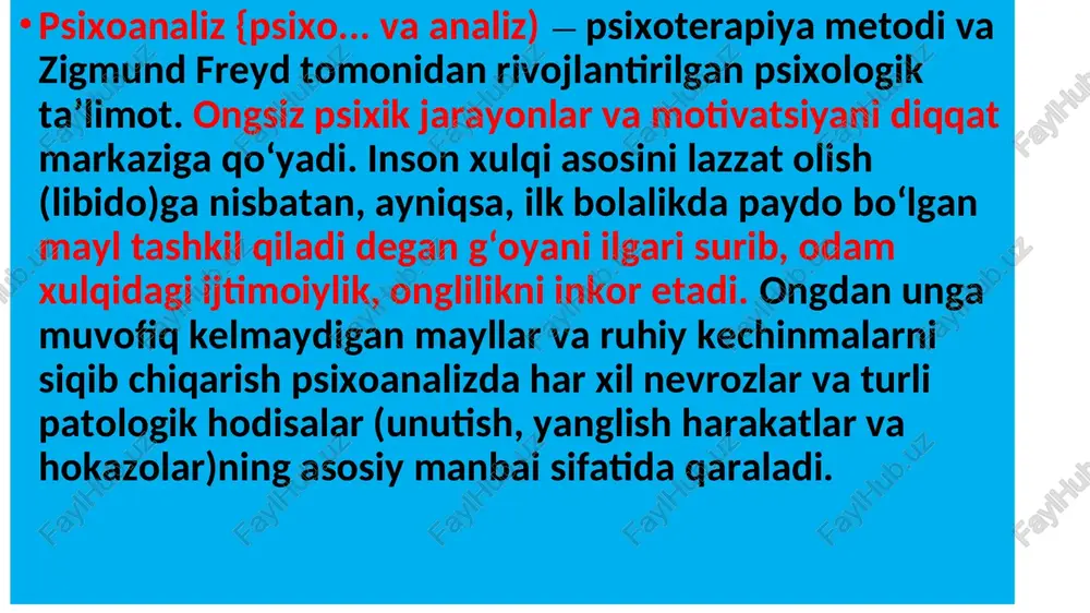 hasidagi "kompleks"larni aniqlash va ularni anglashga yordamlashishdan iborat. ushbu taʼlimot namoyandalari shaxsning ichki ixtiloflarini ochib berish uchun "edip kompleksi"ni yaratdilar. ularning mulohazasicha, instinktiv mayllar oʻz quvvati va faolligini saqlagan holda insoniyat madaniyati va shaxs faoliyati mahsulining har xil shakllariga kirib("sublimatsiyalashib"), ongsizlik holatidan turib inson xulq-atvorini boshqarishda ishtirok qilaveradi. psixoanalizda ongsizlik bilan onglilik oʻrtasidagi qaramaqarshi munosabatni mutlaqlashtirish uchraydi, buning natijasida ularning oʻzaro bir-birini toʻldirish imkoniyati rad qilinadi. psixoanaliz adabiyot va adabiyotshunoslik, sanʼat va sanʼatshunoslik, boshqa gumanitar fanlar va tibbiyotga taʼsir koʻrsatdi. bazaviy texnikalar. psixoanaliz insonning ongsiz fikr va his-tuyg'ularini tushunishga yo'naltirilgan chuqur terapevtik usuldir. psixoanalizda qo'llaniladigan asosiy texnikalar quyidagilardan iborat: 1.erkin assotsiatsiya: bu texnikada bemor o'z fikrlari, his-tuyg'ulari va xotiralarini bemalol ifoda etadi. terapevt bemorning gaplarini diqqat bilan tinglaydi va ongsiz materiallarni yuzaga chiqarishga harakat qiladi. 2.tushlarni tahlil qilish: tushlar ongsiz istaklar va ziddiyatlarning belgisi sifatida qabul qilinadi. terapevt bemorning tushlarini tahlil qilib, ularning chuqur ma'nolarini tushunishga harakat qiladi. 3.transferens va …