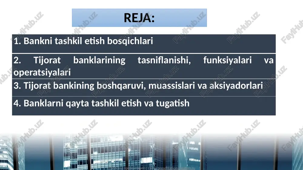 k iqtisodiyotni yanada rivojlantirish uchun zarur bo‘lgan “yoqilg‘i” bilan ta'minlaydigan omilidir shabloni prezentatsiy s sayta presentation-creation.ru tijorat banklarining tasniflanishi: 1. mulkchilik shaklig ko’ra 2. xizmat ko’rsatish sohasiga ko’ra 3. xududi bo’yicha 4. activlarning hajmiga ko’ra shabloni prezentatsiy s sayta presentation-creation.ru tijorat banklarining funksiyalari: -vaqtincha bo’sh turgan pul mablag’larni yig’ish va ularni kapitalga aylantirish; -korxona, tashkilotlar va aholini kreditlash; -iqtisodiyotda hisob-kitoblar va to’lovlarni amalga oshirish; -moliya-valyuta bozorida faoliyat ko’rsatish; -iqtisodiy-moliyaviy axborotlar berish va maslahat xizmatlarini ko’rsatish va boshqalar. tijorat banklarining xizmatlar turi: shabloni prezentatsiy s sayta presentation-creation.ru jismoniy shaxslarga yuridik shaxslarga pul o‘tkazmalari omonatlar bank kartalari kredit mahsulotlari konversion amaliyotlari mobil banking individual seyf va yacheykalar hisob-kitob va kassa xizmatlari to‘lovlarni qabul qilish kommunal to‘lovlarni amalga oshirish jamg‘arma sertifikatlari mol-mulkni ishonchli boshqarish kredit mahsulotlari, shu jumladan xorijiy valyutada lizing faktoring konversion amaliyotlari internet-banking individual seyf va yacheykalari hisob-kitob va kassa xizmatlari xorijiy kredit liniyalari loyihalarni moliyalashtirish omonat sertifikatlari mol-mulkni ishonchli boshqarish …