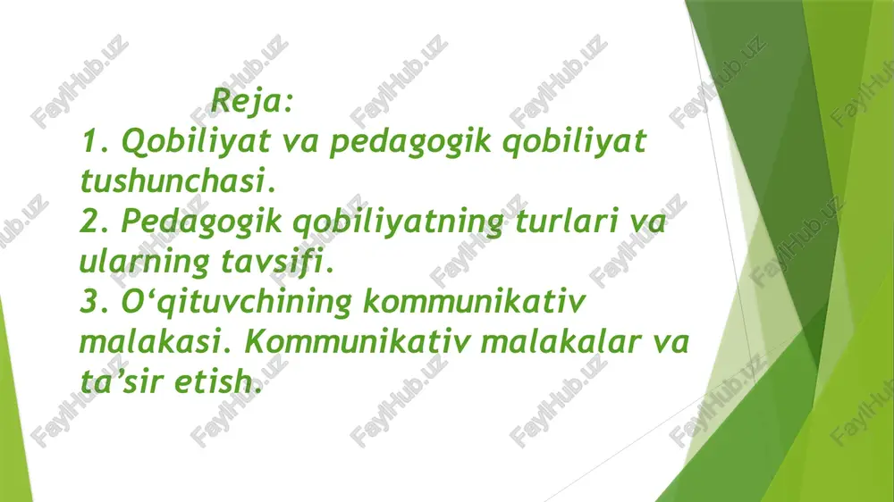 chining so‘zlari yetarli darajada idrok qilinmaydi. kuzatuvchanlik qobiliyati o‘quvchining tarbiyalanuvchining ichki dunyosiga kira olish qobiliyati o‘quvchi shaxsini va uning vaqtinchalik ruhiy holatlarini juda yaxshi tushuna bilish bilan bog‘liq bo‘lgan psixologik kuzatuvchanlikdir. nutq qobiliyati – nutq yordamida shuningdek imo-ishora vositasida o‘z fikr va tuyg‘ularini aniq va ravshan ifodalash qobiliyatidir. bu o‘qituvchilik kasbi uchun juda muhimdir. o‘qituvchining nutqi darsda hamisha o‘quvchilarga qaratilgan bo‘ladi. o‘qituvchi yangi mavzuni tushuntirayotgan, o‘quvchining javobini tahlil qilayotgan, ma’qullayotgan yoki qoralayotgan bo‘lsa ham, uning nutqi hamisha o‘zining ichki kuchi, ishonchi, o‘zi gapirayotgan narsaga qiziqayotganligi bilan ajralib turadi. fikrlar ifodasi o‘quvchilar uchun aniq, sodda, tushunarli bo‘ladi. o‘qituvchining bayoni o‘quvchilar fikri va diqiqatini yuqori darajada faollashtirishga qaratiladi. tashkilotchilik qobiliyati – birinchidan o‘quvchilar jamoasini uyushtirish muhim vazifalarini hal etishga ruhlantirishni, ikkinchidan o‘z ishini to‘g‘ri uyushganligini nazarda tutadi. o‘z ishini tashkil etish deganda ishni to‘g‘ri rejalashtira olish va uni nazorat qila bilish nazarda tutiladi. tajribali o‘qituvchilarda vaqtni o‘ziga xos his etish ishlanmasini vaqtga …