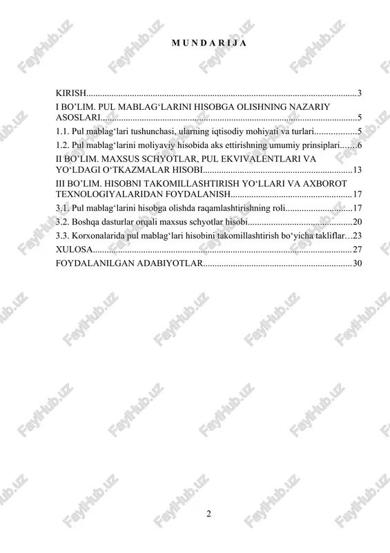 yaviy hisobida aniq aks ettirish bilan belgilanadi. shu sababli kurs ishining maqsadi nafaqat hisob-kitob jarayonlarini o‘rganish, balki bu jarayonlarning korxonaning umumiy moliyaviy holatiga ta’sirini tahlil qilishni ham o‘z ichiga oladi. mazkur maqsad doirasida quyidagi yo‘nalishlar bo‘yicha ilmiy-amaliy yondashuv amalga oshiriladi: maxsus schyotlar mohiyatini aniqlash — moliyaviy hisobida ular qanday tasniflanishini, qanday hollarda ochilishini va qanday maqsadlarda foydalanilishini chuqur o‘rganish. pul ekvivalentlari tushunchasini iqtisodiy kategoriya sifatida tahlil qilish, ularning likvidlik darajasi, qaytaruvchanlik muddati va moliyaviy hisobotlarda aks ettirilish tartibini ko‘rsatish. yo‘ldagi o‘tkazmalarning moliyaviy hisobidagi o‘rnini tahlil qilish, ularni hisobga olishda yuzaga keladigan vaqtinchalik tafovutlarni (bank operatsiyalaridagi kechikishlar, kassa va hisobvaraqlar farqlari) o‘rganish. amaldagi me’yoriy hujjatlar — jumladan, moliyaviy hisobi to‘g‘risidagi qonun, va markaziy bank me’yoriy hujjatlari asosida pul mablag‘lari hisobining huquqiy bazasini tahlil qilish. mavjud muammolarni aniqlash va ularni bartaraf etish bo‘yicha taklif va tavsiyalar ishlab chiqish, shu jumladan, elektron hisob tizimlaridan foydalanishni kengaytirish, ichki audit va monitoring tizimini kuchaytirish. shunday …