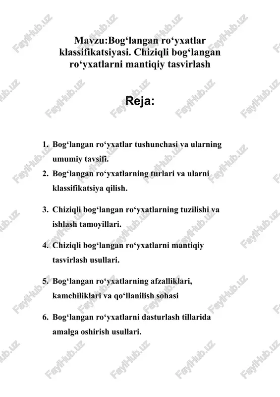 llar bilan ifodalash mumkin. masalan, c tilida pointerlar yordamida, java tilida esa obyektlar yordamida amalga oshiriladi. bog‘langan ro‘yxat asosiy ma’lumotlar tuzilmalari sirasiga kiradi va uning asosida stek, navbat, deque kabi boshqa tuzilmalarni yaratish mumkin. shu bilan birga, bog‘langan ro‘yxatlar xotira bilan ishlashni osonlashtiradi. ular real amaliyotda ham keng qo‘llaniladi, masalan, kompyuter operatsion tizimlarida jarayonlarni boshqarishda yoki turli ma’lumotlar bazasi tizimlarida ma’lumotlar oqimini tashkil qilishda foydalaniladi. bog‘langan ro‘yxatlar turli xil algoritmlarni soddalashtirishga yordam beradi. ayniqsa, ma’lumotlar tez-tez qo‘shilib va o‘chiriladigan tizimlarda bog‘langan ro‘yxatlarning afzalligi yaqqol seziladi. ularning umumiy tavsifi shuni ko‘rsatadiki, ular moslashuvchan, ixcham va samarali tuzilmalardan biri hisoblanadi. bog‘langan ro‘yxatlarning turlari va ularni klassifikatsiya qilish bog‘langan ro‘yxatlarni turli mezonlarga ko‘ra klassifikatsiya qilish mumkin. ularning eng ko‘p tarqalgan ko‘rinishi oddiy chiziqli bog‘langan ro‘yxat bo‘lib, unda har bir tugun keyingi tugunga ishora qiladi. bu turdagi ro‘yxatda oxirgi tugun hech narsaga ulanmaydi, ya’ni null qiymatga ega bo‘ladi. ikkinchi mashhur turi esa ikki tomonlama …