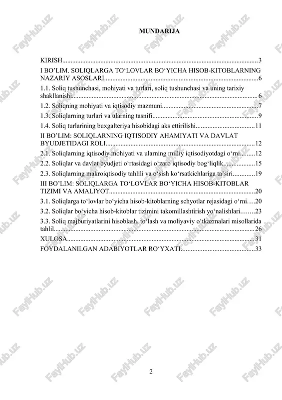 ol o‘ynaydi. soliqlar iqtisodiyotda fiskal, tartibga soluvchi va ijtimoiy funksiyalarni bajaradi. fiskal funksiya orqali davlat o‘z byudjetini to‘ldiradi; tartibga soluvchi funksiya orqali esa iqtisodiy faoliyatga bevosita ta’sir o‘tkazadi, ya’ni ayrim sohalarni rag‘batlantirish yoki aksincha, cheklash imkonini beradi. ijtimoiy funksiya esa daromadlarni qayta taqsimlash, aholining turmush darajasini yaxshilashga xizmat qiladi. soliqlarning iqtisodiyotdagi o‘rni shundan iboratki, ular ishlab chiqarishning uzluksizligini ta’minlaydi, davlatning investitsion siyosatini qo‘llab-quvvatlaydi va milliy valyuta barqarorligini saqlaydi. shuningdek, soliqlar yordamida davlat byudjeti defitsitini kamaytirish, tashqi qarzlarni to‘lash, ijtimoiy dasturlarni moliyalashtirish imkoniyati yaratiladi. so‘nggi yillarda o‘zbekiston iqtisodiyotida soliq siyosatining liberallashtirilishi, soliq stavkalarining kamaytirilishi va imtiyozlar tizimining soddalashtirilishi korxonalar uchun qulay sharoitlar yaratdi. bu esa iqtisodiy o‘sishni jadallashtirish, tadbirkorlik muhitini yaxshilash va investitsiyalar oqimini oshirishga xizmat qilmoqda. demak, soliqlar iqtisodiyotning yuragi hisoblanadi. ular nafaqat byudjetni to‘ldiradi, balki iqtisodiy jarayonlarni boshqaradi. shu sababli soliqlarga to‘lovlar bo‘yicha hisob-kitoblarning aniq va tizimli yuritilishi davlat byudjeti daromadlarining to‘liqligini hamda iqtisodiyotning barqaror rivojlanishini ta’minlaydi. kurs ishining …