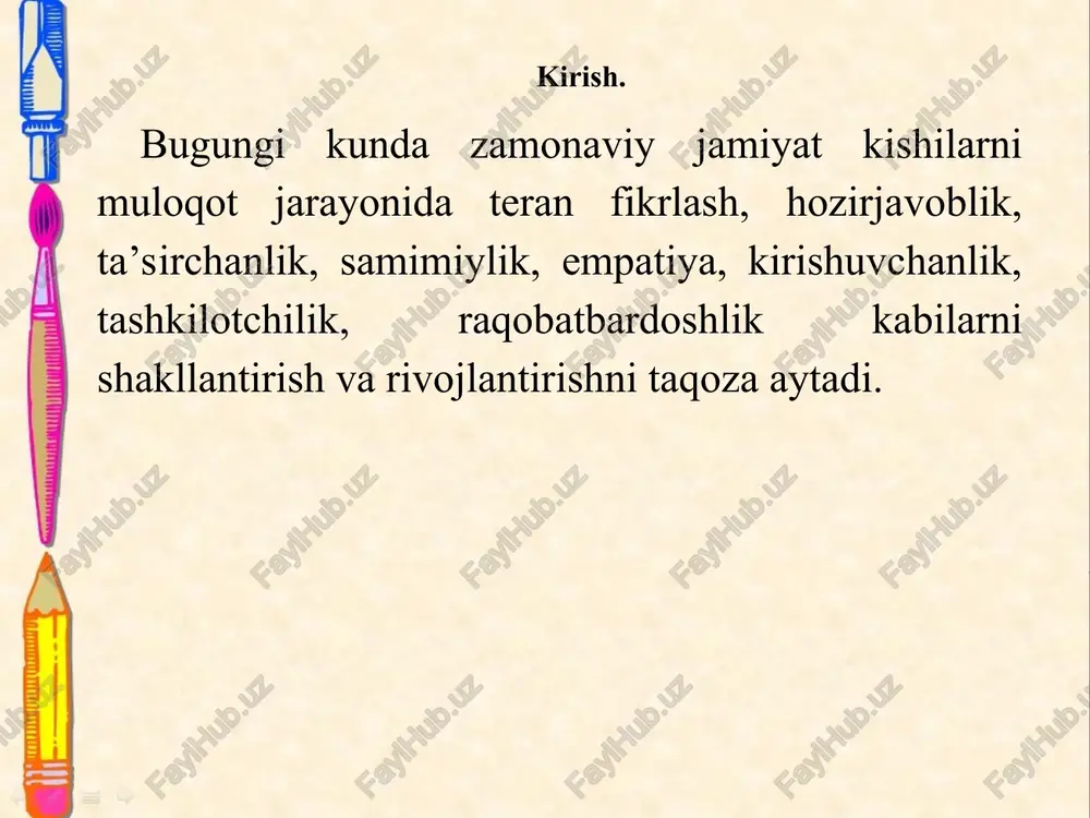 rini joriy qilish vazifasini yukladi. trening tushinchasi ingliz tilidan kelib chiqqan bo’lib, “train”, “training” ko’plab ma’nolarga ya’ni: o’qitmoq, tarbiyalamoq, (trenirovka) mashq qilmoq kabi ma’nolarga ega. xususan, bu turli ijtimoiy faoliyat sohalariga shaxsni tayyorlashdan iborat bo’lib, bilimdonik darajasi maqsadga muvofiq tarzda maxsus mashqlar tizimi orqali rivojlantiriladi. p.o.gorbushina, “trening – bu shaxsni o’zgartirishga qaratilgan hissiyotlarga boy bo’lgan mashg’ulot turidir” deb ta’kidlab, trener faoliyatini huddi olmosni qayta ishlab unga jilo berish bilan bog’liq o’ta nozik zargarning ma’suliyatli faoliyat turiga taqqoslaydi olga petrovna gorbushina rudestam kel erik k’el rudestam trening shaklini, “o'rganish tajribasining asosiy markazi, ba'zi hollarda - odamni o'qitish va o'zgartirishning yagona muvaffaqiyatli usuli” deb ataydi 2. rivojlanish tarixi va yo’nalishlari treningning ilmiy asoslangan individual shakllari dastlab 20-asrning boshlarida nazariy bilimlarni o'qitish va mehnat ko'nikmalarini “xavfsiz” ravishda egallash natijalariga qo'yilgan cheklovlarni bartaraf etish vositasi sifatida paydo bo'la boshladi. 1922 yilda amerikalik psixofiziolog r. d. yakobson ruhiy stressni yengillashtirish uchun progressiv relaksatsion tizimini taklif …