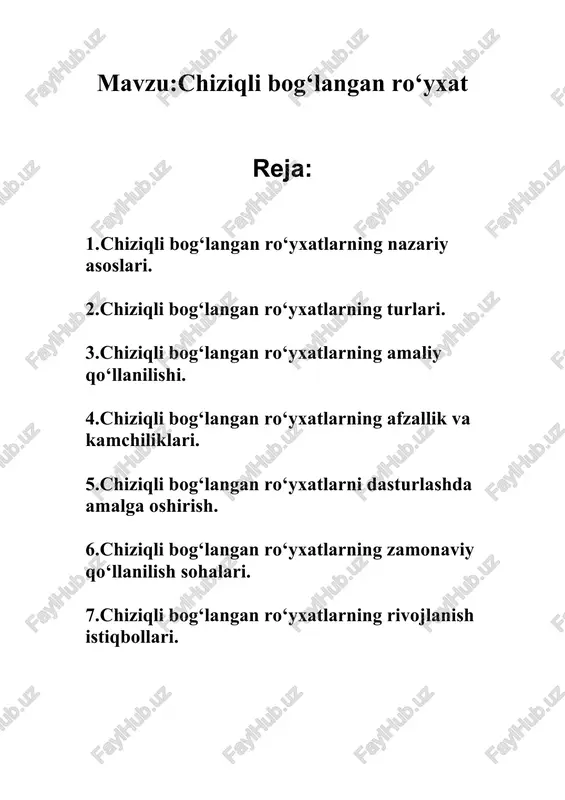aridan biri uning elementlari xotirada ketma-ket joylashmasligidir. massivlarda barcha elementlar ketma-ket xotira hujayralarida saqlanadi, bu esa ba’zi hollarda hajmni o‘zgartirishni qiyinlashtiradi. chiziqli bog‘langan ro‘yxatda esa elementlar xotirada turli joylarda saqlanishi mumkin, ularning o‘zaro bog‘lanishi ko‘rsatkichlar yordamida amalga oshiriladi. bu esa ro‘yxatning hajmini oson boshqarish imkonini beradi va dasturchiga moslashuvchanlik beradi. chiziqli bog‘langan ro‘yxatlarning nazariy asoslari ularning boshqa tuzilmalar bilan solishtirilganida yanada yaqqol ko‘rinadi. masalan, massiv bilan taqqoslaganda ro‘yxat elementlarini qo‘shish yoki o‘chirish amali ancha qulay bajariladi, chunki faqat ko‘rsatkichlarni o‘zgartirish kifoya qiladi. biroq ro‘yxatdagi ixtiyoriy elementni topish uchun boshidan boshlab izlash kerak bo‘ladi, bu esa massivga nisbatan biroz sekinroq ishlashiga sabab bo‘ladi. shu bois, chiziqli bog‘langan ro‘yxatlarda tez-tez qo‘shish va o‘chirish amallari talab qilinadigan masalalarda juda samarali natija beradi. nazariy asoslarni chuqurroq tushunish uchun chiziqli bog‘langan ro‘yxatlarning turlariga ham to‘xtalib o‘tish lozim. oddiy chiziqli bog‘langan ro‘yxat faqat bitta yo‘nalishda bog‘lanadi, ya’ni har bir tugun faqat keyingi tugunga ishora qiladi. ikki …