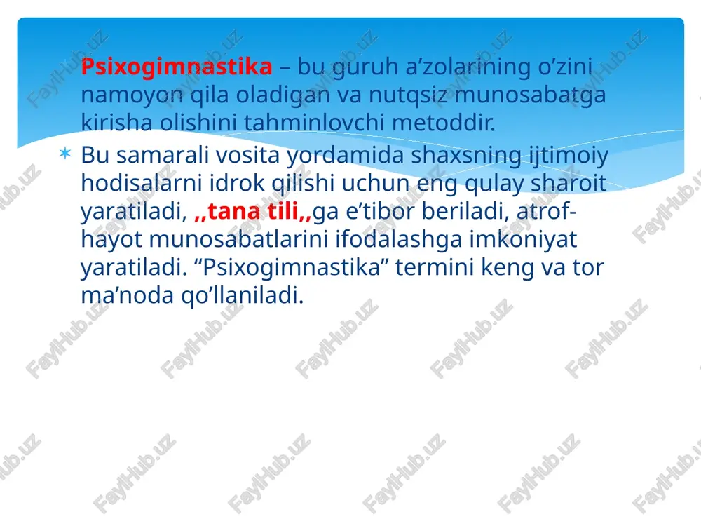i shakllantirish. psixogimnastik mashg’ulotning pantomimik qismi. psixogimnastikada pantomimika qismiga korreksiyalash guruhida asosiy vaqt ajratiladi. mijoz taklif qilgan mavzular so’zsiz tanlanadi. mavzular psixolog tomonidan ham tavsiya qilinishi mumkin. pantomimika uchun mavzular mazmuni chegaralanmagan va alohida bir mijozning muammolariga, butun guruh a’zolarining muammolariga, shaxslararo harakatlarga mo’ljallangan bo’lishi mumkin. pantomimika qismida quyidagi mavzular tez-tez qo’llaniladi. 1. qiyinchiliklarni yengib o’tish. bu mavzu umuminsoniy muammolar va munozaralarni aks ettirib, timsol ko’rinishida tasavvur qilinishi mumkin. («qiyinchiliklarni yengib o’tish», «ta’qiqlangan meva», «chorraxa», «kasallik», «sog’lik», «baxt», «xavf» va boshqalar). barcha mijozlar navbatma-navbat hayotiy qiyinchiliklarni qanday bartaraf etishni tasvirlaydilar, qiyinchilik timsoli sifatida qandaydir predmetdan foydalanish, masalan. stul yoli skameyka to’siq bo’lib uni yengib o’tish kerak. 2. ta’qiqlangan meva. hamma mijozlar navbatma-navbat o’z xohish istaklari tashqi va ichki mehyorlar bilan mos tushgan holatlarda o’zlarini qanday tutishlari haqida gapirib beradilar. ta’qiqlangan meva sifatida qandaydir predmetdan foydalanish mumkin. 3. mening oilam. mijoz guruh a’zolaridan bir nechtasini tanlab oladi. ularni davrada shunday joylashtiradiki, …