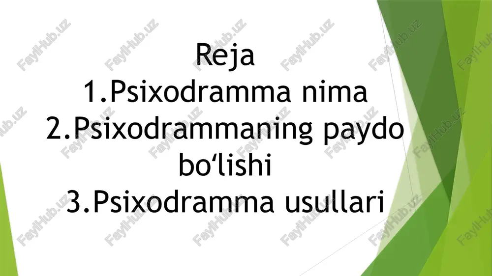 n individual ishlash bilan. psixodramaning asosiy foydasi, odatda, bemorlarning o'tmishi, hozirgi va kelgusi hayoti to'g'risida yangi qarashlarni shakllantirishga imkon berishidir. odamlarga o'z hayotlarini "tashqaridan" o'rganishga imkon berish orqali ular yangi echimlar haqida o'ylashlari va ular bilan sodir bo'layotgan voqealarni oqilona kuzatishlari mumkin. psixodrama eng ko'p ishlatiladigan klinik soha barcha turdagi travmatizmlarni davolashda qo'llaniladi. masalan, ushbu terapiya travmadan keyingi stress buzilishining ko'plab alomatlarini engillashtirishda ayniqsa samarali ekanligi isbotlangan mashg'ulotlar bosqichlari barcha psixodrama mashg'ulotlari uch bosqichdan iborat: isitish, rol o'ynash va almashish. isitish bosqichi ishtirokchilarni bajarishi kerak bo'lgan vazifaga jalb qilish, ular bilan direktor o'rtasida ishonchni kuchaytirish va amal qilish usuli bilan tanishtirishga xizmat qiladi. g'oya psixodramaning kuchga kirishi uchun shaxslarni to'g'ri hissiy holatga keltirishdir. psixodrama mashg'ulotlari odatda haftalik terapiya doirasida, 8 va 12 kishidan iborat guruhlarda o'tkaziladi. har bir mashg'ulot taxminan 2 soat davom etadi, ularning har biri ishtirokchilarning birining o'ziga xos muammosiga e'tibor qaratgan, qolgan guruh esa tanlangan vaziyatning turli …