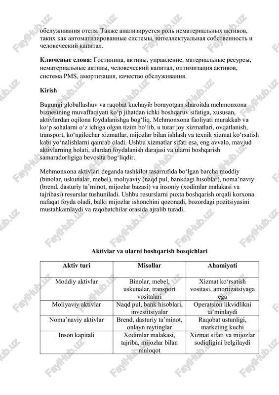 ivayutsya vidi aktivov, ix rol, mexanizmi upravleniya, a takje metodi povisheniya effektivnosti ispolzovaniya aktivov s ispolzovaniem sovremennix texnologiy. gramotnoe upravlenie aktivami v gostinichnoy deyatelnosti yavlyaetsya klyuchevim faktorom obespecheniya kachestva obslujivaniya, udovletvorennosti klientov i ekonomicheskoy stabilnosti. obosnovano, chto gramotnoe upravlenie aktivami napryamuyu svyazano s konkurentosposobnostyu, pribilnostyu i kachestvom obslujivaniya otelya. takje analiziruetsya rol nematerialnix aktivov, takix kak avtomatizirovannie sistemi, intellektualnaya sobstvennost i chelovecheskiy kapital. klyuchevie slova: gostinitsa, aktivi, upravlenie, materialnie resursi, nematerialnie aktivi, chelovecheskiy kapital, optimizatsiya aktivov, sistema pms, amortizatsiya, kachestvo obslujivaniya. kirish bugungi globallashuv va raqobat kuchayib borayotgan sharoitda mehmonxona biznesining muvaffaqiyati ko‘p jihatdan ichki boshqaruv sifatiga, xususan, aktivlardan oqilona foydalanishga bog‘liq. mehmonxona faoliyati murakkab va ko‘p sohalarni o‘z ichiga olgan tizim bo‘lib, u turar joy xizmatlari, ovqatlanish, transport, ko‘ngilochar xizmatlar, mijozlar bilan ishlash va texnik xizmat ko‘rsatish kabi yo‘nalishlarni qamrab oladi. ushbu xizmatlar sifati esa, eng avvalo, mavjud aktivlarning holati, ulardan foydalanish darajasi va ularni boshqarish samaradorligiga bevosita bog‘liqdir. …