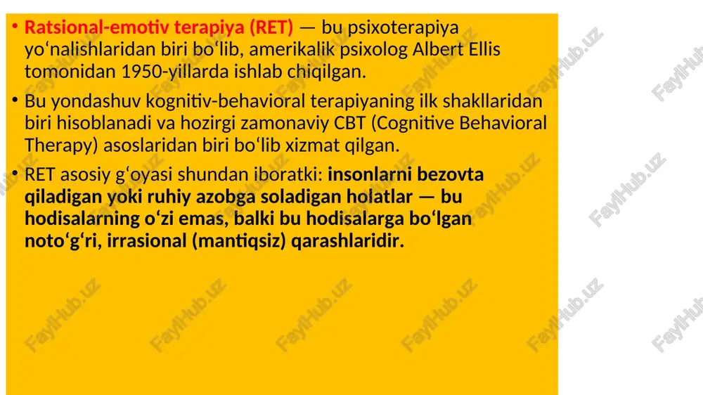 oshlading: “men ishga kechikmasligim kerak edi. endi rahbarim meni yomon ko‘radi. men yomon xodimman. men baribir hech narsaga yaramayman.” natija (c - consequence): bu fikrlar natijasida nima bo‘ladi? o‘zingni aybdor va tushkun his qilasan xavotir kuchayadi motivatsiya yo‘qoladi hatto, “ishga chiqmay qo‘yishni xohlayman” degan fikr paydo bo‘lishi mumkin ret asosida ishlaymiz (d - disputing the belief): keling, bu irrasional ishonchlarni savol ostiga olamiz: men ishga kechikmasligim kerak edi haqiqatan ham bu "kerak" degan narsa mutlaqmi? hayotda har kim kechikishi mumkin-ku? bu insoniy holat emasmi? endi rahbar meni yomon ko‘radi bir kechikish rahbarning butun fikrini o‘zgartiradimi? u meni qanchalik yaxshi biladi? balki u vaqtincha asabiylashgandir? men yomon xodimman biror xatolik butunlay meni "yomon" degan tamg‘a bilan belgilaydimi? men boshqa yaxshi ishlar qilmaganmanmi? men hech narsaga yaramayman bu haddan tashqari umumlashtirish emasmi? men hayotimdagi boshqa yutuqlarimni unutayapmanmi? yangicha natija, ratsional fikrni shakllantiriladi: “ha, bugun kechikdim — bu noqulay holat. lekin bu meni …