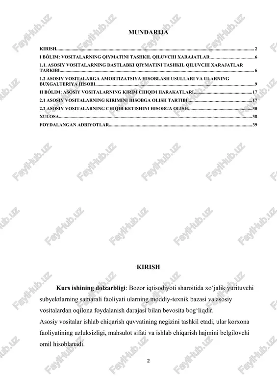 italarni hisobga olish tizimi, ularning turlari, eskirishini hisoblash usullari, qayta baholash tartibi va ulardan foydalanish samaradorligi bilan bog‘liq iqtisodiy jarayonlardir. tadqiqot doirasida asosiy vositalarning iqtisodiy mohiyati, ularning tarkibi, tuzilishi va ishlab chiqarishdagi o‘rni, shuningdek buxgalteriya hisobida aks ettirilish prinsiplari chuqur o‘rganiladi. shuningdek, asosiy vositalarning amortizatsiya siyosati, eskirish summasining aniqlanish usullari va qayta baholash mexanizmi tahlil qilinib, ularning korxonaning moliyaviy natijalariga va ishlab chiqarish samaradorligiga ta’siri baholanadi. tadqiqot predmeti korxonaning moddiy-texnik bazasini rivojlantirish, asosiy vositalardan oqilona foydalanish va ularning iqtisodiy samaradorligini oshirish yo‘llarini aniqlashga qaratilgan. kurs ishining vazifalari: kurs ishining maqsadidan kelib chiqib, quyidagi asosiy vazifalar belgilangan: 1. asosiy vositalarning iqtisodiy mohiyatini va ularning xo‘jalik faoliyatidagi o‘rnini yoritish; 2. asosiy vositalarni guruhlash, tasniflash va baholash prinsiplari bilan tanishish; 3. asosiy vositalarni hisobga olishning milliy buxgalteriya standartlariga muvofiq tartibini o‘rganish; 4. asosiy vositalarning eskirishini hisoblash usullarini tahlil qilish; 5. amortizatsiya ajratmalarining moliyaviy natijalarga ta’sirini o‘rganish; 6. asosiy vositalardan foydalanish samaradorligini oshirish bo‘yicha …
