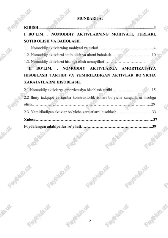 va imtiyozlar)dan foydalanish huquqlari; axborotdan va elektron hisoblash mashinalari uchun tuzilgan dasturlardan foydalanish huquqlari; ma’naviy mulkdan foydalanish huquqlari; firma bahosi va boshqalar) berish bilan ham aksiyaning qiymatini to`lashi mumkin. korxonalarda xo`jalik jarayonlari amalga oshirilishi uchun ular ma’lum turdagi mablag`larga ega bo`lishi kerak. bunday mablag`larga imoratlar, inshootlar, asbo’lim. -uskunalar, materiallar, pul mablag`lari va h.k.lar kiradi. bu mablag`larning har biri xo`jalik jarayonida turli funktsiyalarni bajarishi bilan birga har xil joylashgan, shuningdek, turli manbalardan tashkil topgan. shuning uchun ham xo`jalik jarayonida ayrim turdagi xo`jalik mablag`larining tutgan o`rnini, tarkibini, hususiyatini va funktsional rolini o`rganish ulardan samarali foydalanish imkonini beradi. moddiy ne’matlar ishlab chiqaruvchi korxonalarning xo`jalik mablag`lari buxgalteriya hisobida xo`jalik jarayonidagi funktsional roliga qarab yoki shu jarayonda qatnashish hususiyati va muddatiga muvofiq turkumlanadi. i bo’lim. nomoddiy aktivlarning mohiyati, turlari, sotib olish va baholash. 1.1. nomoddiy aktivlarning mohiyati va turlari. buxgalteriya hisobining milliy standartlarida nomoddiy aktivlarga quyi-dagicha ta`rif beriladi: «nomoddiy aktivlar – bu xo`jalik faoliyatida foydala-nish …