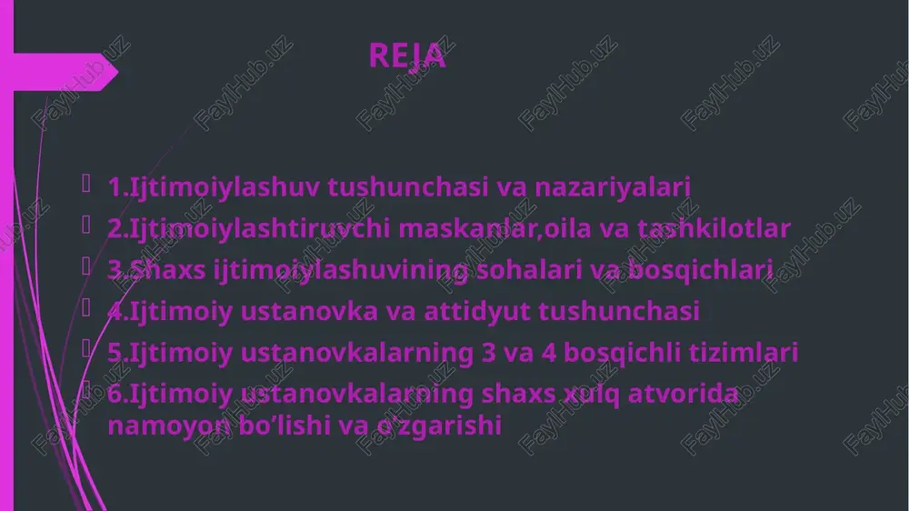 oqarashlarini o‘zida qayta tiklash (o'ziniki qilib o‘zlashtirish). xulosa 2.ijtimoiylashtiruvchi maskanlar,oila va tashkilotlar shaxs ijtimoiylashuvi muammosining milliy asoslari o‘zbek psixologi, professor v. karimova tomonidan juda chuqur tahlil etilgan boiib, unga ko‘ra ijtimoiy tarbiyaning dastlabki o‘chog‘i oila bo‘lib, aynan ota-ona dastlabki ijtimoiy ko‘nikm alarni bola ongiga singdiruvchi, uning irodasini charxlovchi insonlardir. o ‘quv muassasalari — bog‘cha, maktab, litsey va kollejlar, oliy o‘quv yurti — bu muassasalarning har biri individning ijtimoiylashuvida katta o‘rin egallaydi. bola bog‘chadan to oliy o‘quv yurtini tugatguncha bo‘lgan davrda juda katta ijtimoiy tajribani egallaydi va keyingi faoliyatida albatta bulardan foydalanadi. 2-topshiriq konvert xulosa ijtimoiy tarbiyaning asl ma’nosi ham, vazifasi ham boladagi ijtimoiy faollikni oshirish orqali, undagi ijobiy fazilatlarni kamol toptirishdir. 3.shaxs ijtimoiylashuvining sohalari va bosqichlari 3.shaxs ijtimoiylashuvining sohalari haqida gapiriladigan bo‘lsa, inson shaxs bo‘lib tug‘ilmaydi, balki shaxs bo‘lib shakllanadi. ijtimoiylashuvning tuzilishiga ko‘ra, shaxs shakllanish jarayoni inson tug‘ilgan daqiqadan boshlanadi. g.m.andreyeva o‘zining «ijtimoiy psixologiya» kitobida shaxs shakllanishining uchta soha orqali …