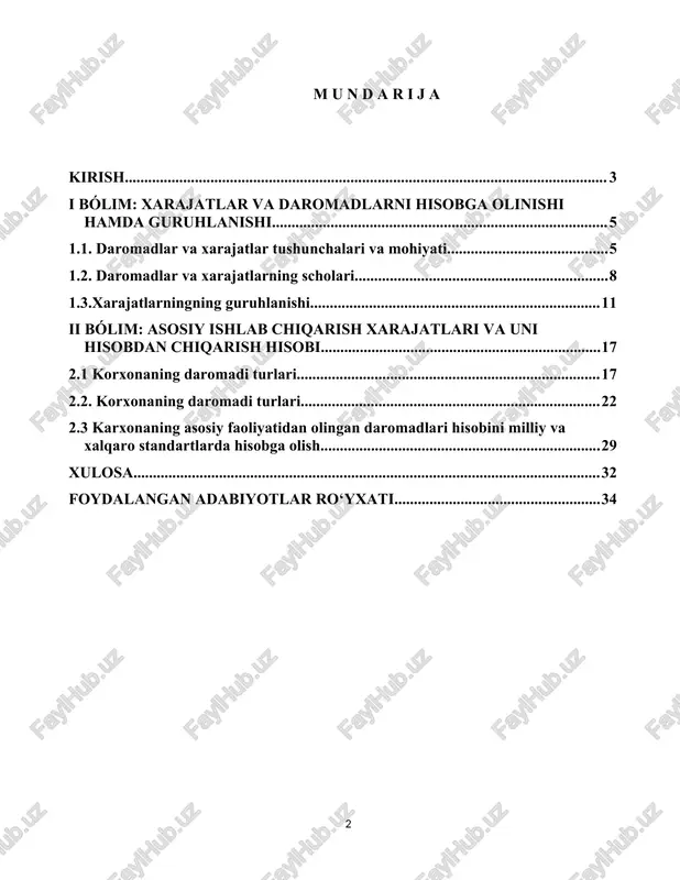 i, birinchi navbatda, moliyaviy resurslardan oqilona foydalanish va ishlab chiqarish xarajatlarini boshqarish tizimining mukammalligi bilan belgilanadi. shu bois xarajatlarni hisobga olish, ularning tuzilmasini tahlil qilish va samaradorligini oshirish iqtisodiy boshqaruvning muhim tarkibiy qismi hisoblanadi. shuningdek, kurs ishining maqsadi korxonalarda boshqaruv qarorlarini qabul qilish uchun zarur iqtisodiy axborot bazasini shakllantirish, ichki nazorat tizimini mustahkamlash, va resurslardan foydalanish samaradorligini oshirishga xizmat qiluvchi amaliy tavsiyalar ishlab chiqishdan iboratdir. kurs ishining predmeti: kurs ishining predmeti — bu xo‘jalik yurituvchi subyektlarda xarajatlar va daromadlarni hisobga olish tizimi, ularning shakllanishi, tarkibi, tahlil qilish usullari hamda bu jarayonlarning moliyaviy natijalarga ta’siridir. tadqiqot jarayonida korxona faoliyatida yuzaga keladigan xarajatlarning iqtisodiy mohiyati, ularning moddiy, mehnat va moliyaviy resurslar bilan bog‘liqligi, shuningdek buxgalteriya hisobi va boshqaruv tizimida aks ettirilish mexanizmi o‘rganiladi. bundan tashqari, xarajatlarning tasnifi va guruhlanishi, ishlab chiqarish tannarxini shakllantirishdagi o‘rni, hamda ular orqali korxonaning rentabelligini va iqtisodiy samaradorligini baholash masalalariga e’tibor qaratiladi. predmet doirasida, shuningdek, xarajatlarni hisobga olishda …