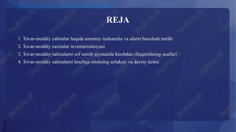 iy elementlaridan biri hisoblanadi. tovar moddiy zahiralar 1000- 2900 schyotlarda yuritiladi: 1000 – xomashyo va materiallarni hisobga oluvchi schyotlar 1100 – o’stirishdagi va boquvdagi hayvonlarni hisobga oluvchi schyotlar 1500 – materiallarni tayyorlash vax arid qilishni hisobga oluvchi schyotlar 1600 – materiallar qiymatidagi farqlarni hisobga oluvchi schyotlar 2000 – asosiy ishlab chiqarishni hisobga oluvchi schyotlar 2300 – yordamchi ishlab chiqarishni hisobga oluvchi schyotlar 2500 – umum ishlab chiqarish xarajatlarini hisobga oluvchi schyotlar 2600 – ishlab chiqarishdagi yaroqsiz mahsulotlarni hisobga oluvchi schyotlar 2700 – xizmat ko'rsatuvchi xo'jaliklarni xisobga oluvchi schyotlar 2800 – tayyor mahsulotlarni hisobga oluvchi schyotlar 2900 – tovarlarni hisobga oluvchi schyotlar tovar-moddiy zahiralarni hisobga olishning uzluksiz va davriy tizimi 1 m-1-son shakl. kelib tushayotgan yuklarni hisobga olish jurnali 2 ishonchnoma: m-2, m-2a 3 berilgan ishonchnomalarni hisobga olish jurnali 4 m-4-son shakl. kirim orderi 5 tovar-transport yukxatlari: 1-t -son shakl, 2-tm -son shakl, cmr shakl 6 yo‘l varaqalari: 4-s shakl (ishbay), …