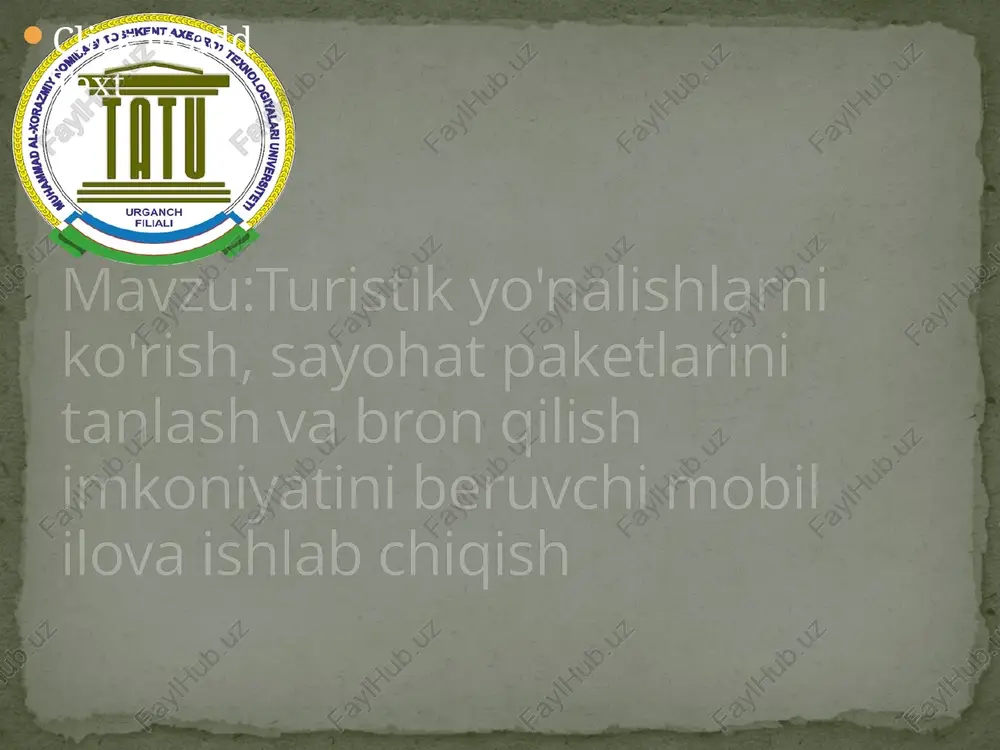 maradorlik va o‘zbekistonning raqamli iqtisodiyotini rivojlantirishda ko‘rinadi. masalaning qo‘yilishi va uning amaliy ahamiyati android studio “sayohat agentligi” ilovasining foydalanuvchi interfeysini (ui) yaratish uchun asosiy platforma sifatida ishlatildi. xml fayllari orqali statik interfeyslar loyihalashtirilib, java dasturlash tili yordamida funksionallik qo‘shildi. layout editor va resource manager kabi vositalar dizayn jarayonini soddalashtirdi, moslashuvchan navigatsiya va estetik ko‘rinish taminlandi. quyida asosiy sahifalar va ularning yaratilish jarayoni tasvirlanadi ro’yxatdan o’tish interfeysi rasmda mobil ilovaga tegishli bo‘lgan ro‘yxatdan o‘tish sahifasining foydalanuvchi interfeysi (ui) aks ettirilgan. interfeys zamonaviy dizayn tamoyillariga asoslangan bo‘lib, foydalanuvchi uchun intuitiv va estetik jihatdan jozibador ko‘rinishda tashkil etilgansahifaning markaziy qismida foydalanuvchidan zaruriy ma’lumotlarni kiritishni talab qiluvchi 2ta matnli maydon mavjud: “kirish" “royhatdan otish" sahoyat uchun mobil ilova sahifasi tasvirlangan. ilova interfeysi zamonaviy dizayn yechimlari asosida ishlab chiqilgan bo‘lib, unda foydalanuvchiga yonalish tafsilotlari bilan vizual va funksional jihatdan qulay tanishish imkoniyati yaratilgan ushbu individual loyiha doirasida foydalanuvchilarga turistik yo‘nalishlarni ko‘rish, sayohat paketlarini tanlash va …