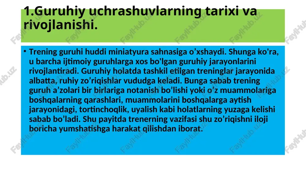 lari va psixoterapevtlari, xususan kurt levin va uning guruh dinamikasi ustida ishlashlari bilan tanilgan. ularning ishlari guruhlarni o'rgatish va terapiya sifatida samarali foydalanish mumkinligini ko'rsatdi. 3. 1950-1960 yillar guruhlar bilan ishlash texnikalari o'sha davrda rivojlana boshladi, masalan, brainstorming, guruh muhokamalari va jamoaviy qaror qabul qilish metodlari. ushbu davrda guruhiy ishning ko'plab usullari o'rgatildi va birinchi o'qituvchilar guruhiy treninglarni ishlab chiqa boshladilar. 4. 1970-1980 yillar guruhiy uchrashuvlar va treninglar faqat psixoterapiya sohasida emas, balki biznes va tashkilotlar uchun ham muhim vosita sifatida tanila boshlandi. treninglar va o'quv seminarlarining mashhurligi ortdi, va guruhiy dinamikalar o'qitish va rahbarlik treninglarida keng tarqaldi. 5. 1990-2000 yillar guruhiy uchrashuvlarning o'rgatishdagi ahamiyati yana bir bor tasdiqlandi. tarmoqlar, guruhlar va tashkilotlarning ichki munosabatlari, hamkorlik, va jamoaviy ishlash metodlarini yaxshilash uchun guruhiy treninglar kengaytirilgan. 6. hozirgi davr bugungi kunda guruhiy uchrashuvlar nafaqat biznes va psixoterapiya sohalarida, balki ta'limda, jamoaviy sportlarda, ijtimoiy faoliyatlarda ham keng qo'llaniladi. ular ko'plab metodlar va …
