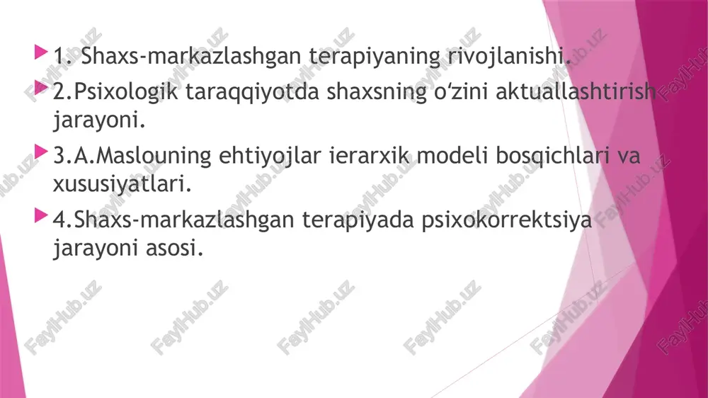 olash usullari va tiklanish istagiga ta'siri bilan shug’ullansa, biroq, ruhiy muhtoj yoki xulq-atvori buzilgan shaxs bilan ishlash uchun mutlaqo noadekvat modeldir". kognitiv xulq-atvor terapevti bemorning hayotiy voqealarga munosabatini kuzatadi, ularga qanday munosabatda bo'lishini va nima uchun bunday qilishini tahlil qiladi. shaxsiy talqin yoki mulohazasiz, mijozga yo'naltirilgan terapevt odamning xatti-harakatining sabablarini aniqlaydi. rojers har bir insonning ichida ijobiy element yashiringaniga ishongan. va hatto yovuz odamlar ham baxtsiz va qabul qilinmagan odamlardir, chunki hech birimiz yovuz va qasoskor tug'ilmaganmiz. mijozga yo'naltirilgan usul insonning o'zini o'zi anglashiga qaratilgan. uning prizmasi orqali u o'ziga va uning atrofidagi dunyoga qaraydi. inson o'zini va boshqalarni ma'lum bir tarzda idrok etadi agar uning his-tuyg'ulari o'z tushunchasiga zid bo'lsa, odam o'zini tasavvur qilishga harakat qiladi va haqiqat bilan aloqa qilishdan qochadi. misol: "yig'lashiga yo'l qo'ymaydi, chunki ko'z yoshlari zaiflik belgisidir va u o'zini zaif ko'rishni xohlamaydi." u o'z shaxsiyatining tomonlarini inkor qila boshlaydi va shu bilan o'z idrokini …