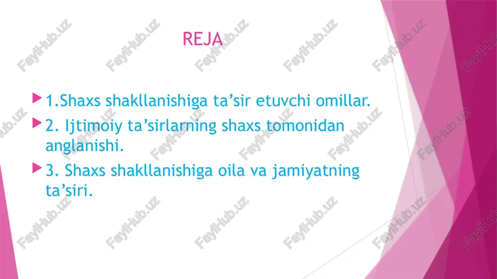 y xususiyatlarini shakllantiradi. 5. moslashuvchanlik va ijtimoiy munosabatlar 1. motivatsiya 6. fikr va qarashlar tizimi 2. o‘z-o‘zini anglash 8. o‘z-o‘zini nazorat qilish va irodaviy sifatlar 4. shaxsiy qadr-qimmat va o‘ziga bo‘lgan ishonch 7. qiziqish va intilishlar 3. emotsional barqarorlik 3-topshiriq ushbu psixologik omillar insonning hayotidagi qarorlarida, munosabatlarda va o‘zini anglash jarayonida bevosita rol o‘ynab, shaxsiy rivojlanish jarayonini ta’minlaydi. xulosa ushbu psixologik omillar insonning hayotidagi qarorlarida, munosabatlarda va o‘zini anglash jarayonida bevosita ro’l o‘ynab, shaxsiy rivojlanish jarayonini ta’minlaydi. feedback etiboringiz uchun raxmat /docprops/thumbnail.jpeg