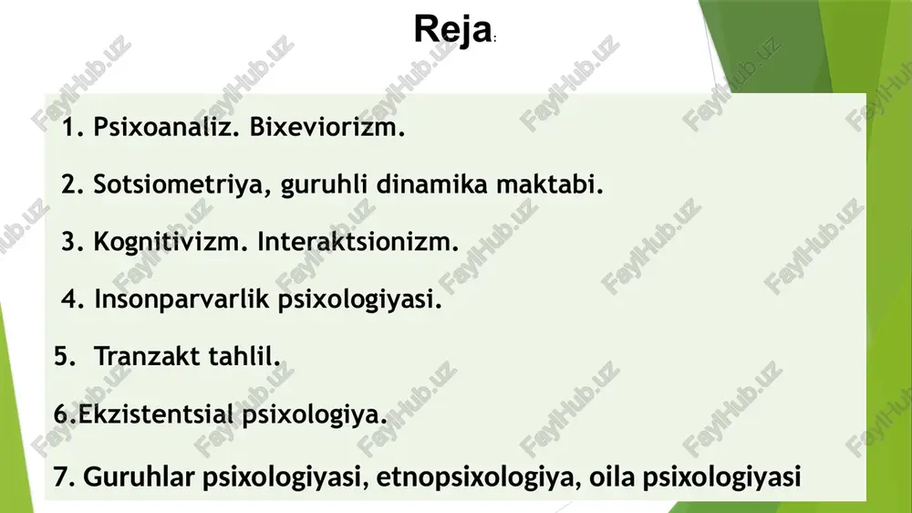 didlilikni, a.adler – hokimiyatga intilishni, k.xorni – turli-tuman komplekslarni, e.fromm – odamning ozodlikka yoki uni cheklashga intilishini ajratib ko’rsatadilar. bu – shaxsning o’zini anglashi, ya’ni ego. superegoga inson qadriyatlari, uning hayotiy maqsadlari, ideallari kiradi. shaxsning bu uch tarkibiy qismlari, odatda, uyg’unlik holatida bo’lmaydi, ular o’rtasida nevrozlarga, inson ruhiyati va xulq-atvoridagi nuqsonlarga sabab bo’luvchi nizolar yuzaga keladi. sotsial-psixologik nazariyalarning mazkur yo’nalish doirasida tizimga keltirish e.fromm va dj.sallivan nomlari bilan bog’liq. sotsial psixologiyaning ba’zi bir muammolari k.yung, a.adler tadqiqotlarida rivojlantirildi. psixoanaliz doirasida yechishga qaratilgan ikkita sotsial-psixologik muammoni keltirish mumkin: inson va jamiyat o’rtasidagi konflikt, insonning ijtimoiy cheklovlar bilan to’qnashuvida namoyon bo’lishi va shaxsning ijtimoiy faollik manbalari. bu oqim ta’sirida t-guruhlar (trening guruhi) o’tkazish amaliyoti, ya’ni odamlarning bir-biriga ta’sir ko’rsatish mexanizmlaridan foydalanish paydo bo’ldi. psixoanaliz yangi psixologik yo’nalish – gumanistik psixologiyaning kelib chiqishiga turtki bo’ldi (a.maslou, k.rodjers). 2-o‘quv topshiriq. 3x4 oranayzerini to‘ldiring mavzuning asosiy mazmunini ochib berishga yordam beradi va “3x4” texnologiyasi orqali …